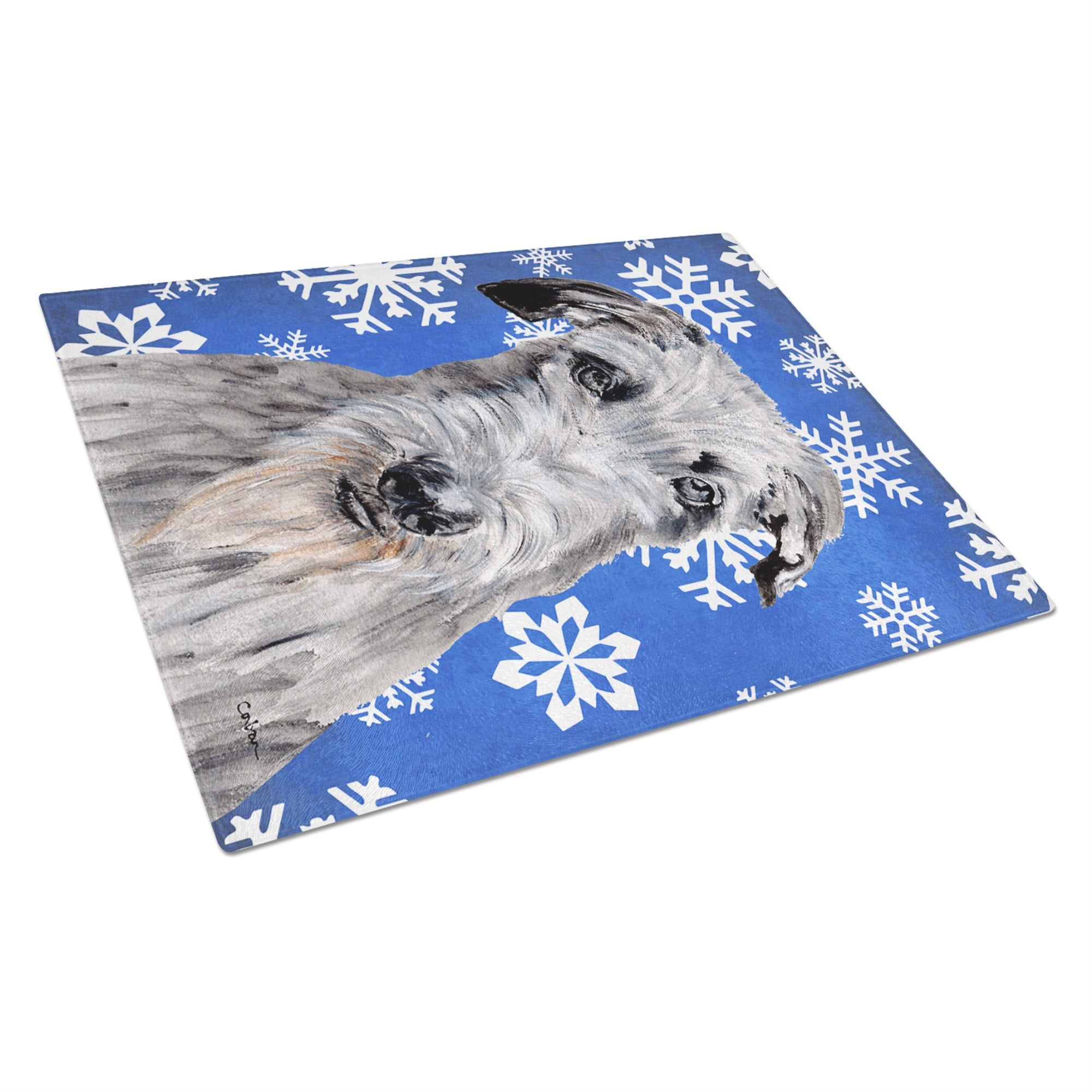 Scottish Deerhound Winter Snowflakes Glass Cutting Board Large