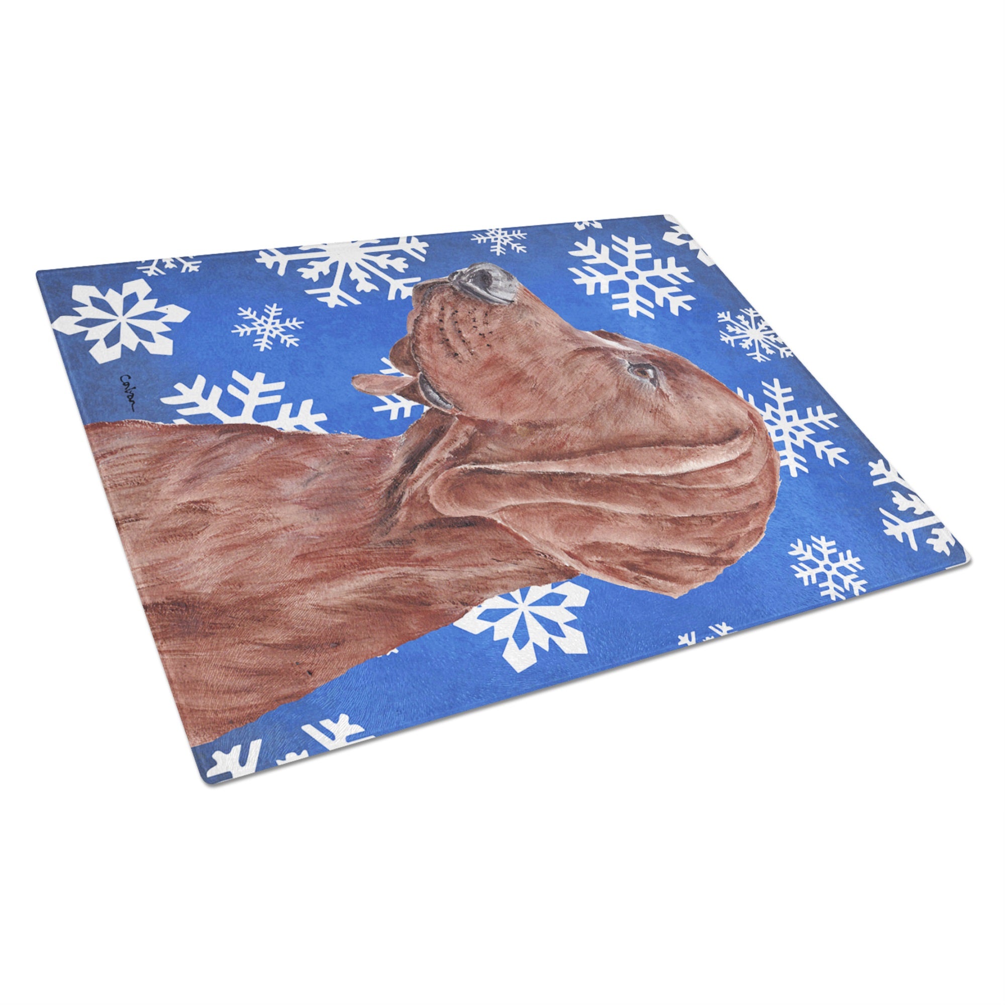Redbone Coonhound Winter Snowflakes Glass Cutting Board Large