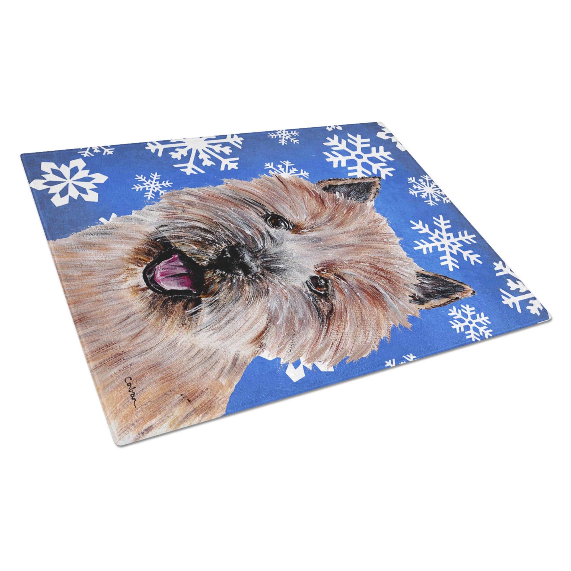 Norwich Terrier Winter Snowflakes Glass Cutting Board Large