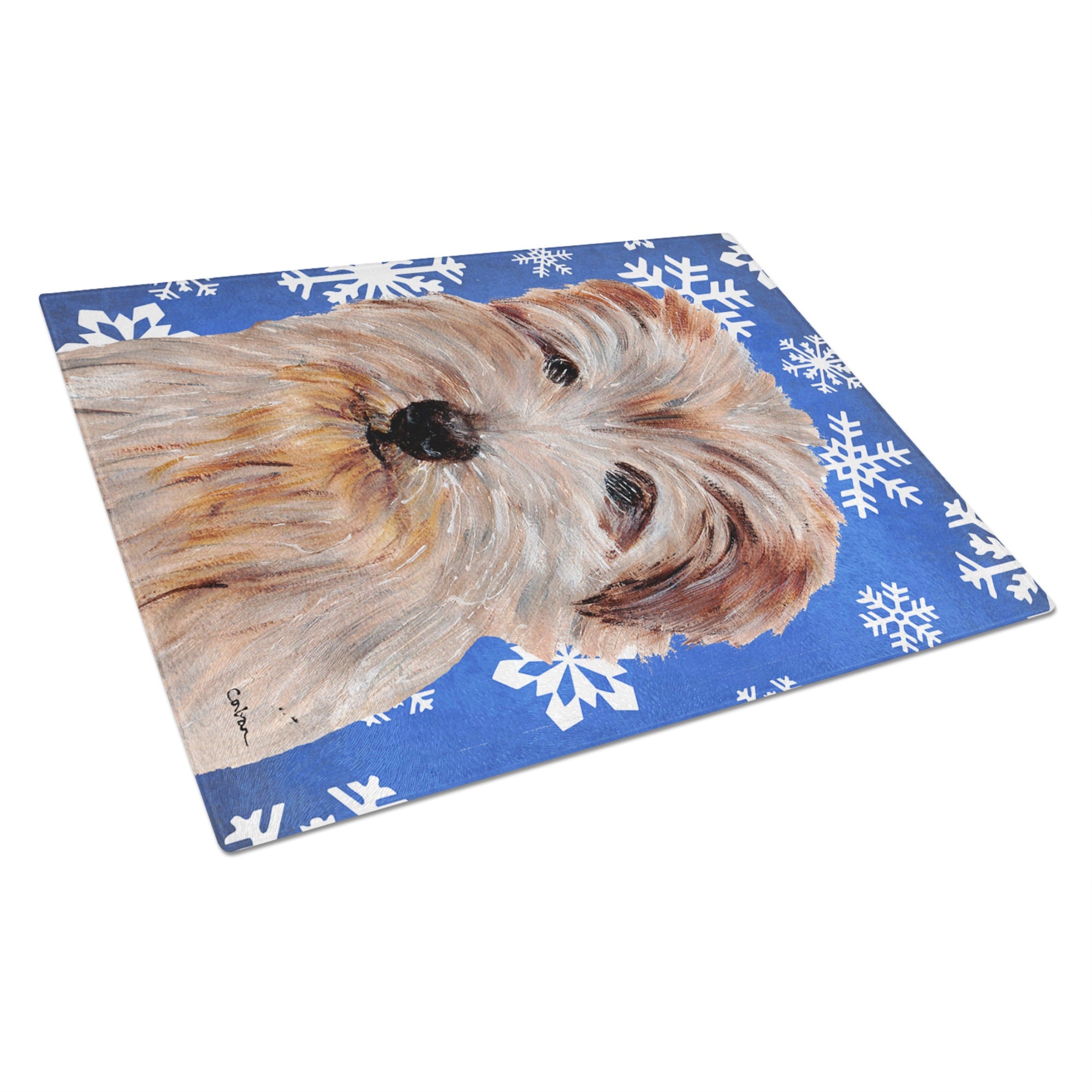 Norfolk Terrier Winter Snowflakes Glass Cutting Board Large