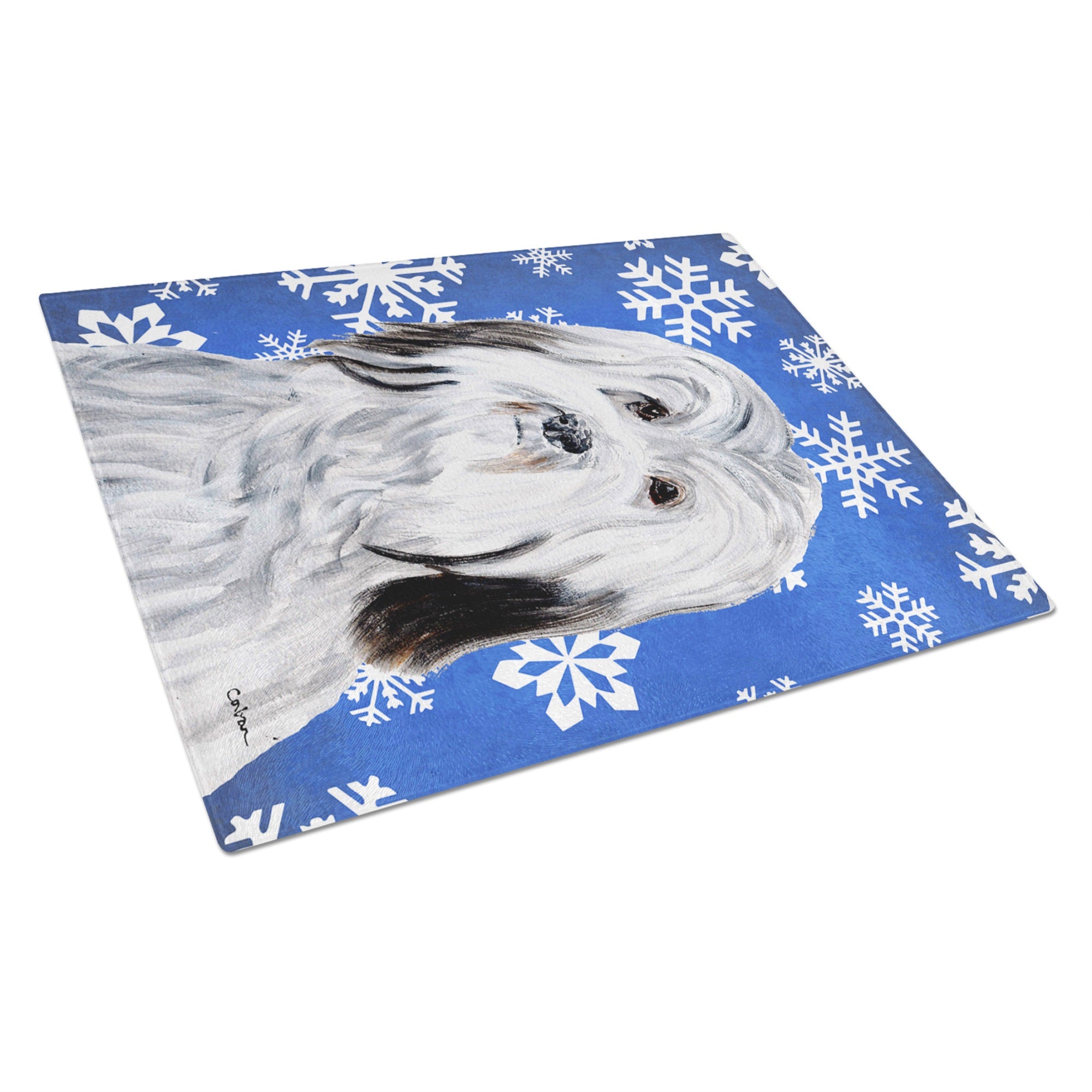 Havanese Winter Snowflakes Glass Cutting Board Large