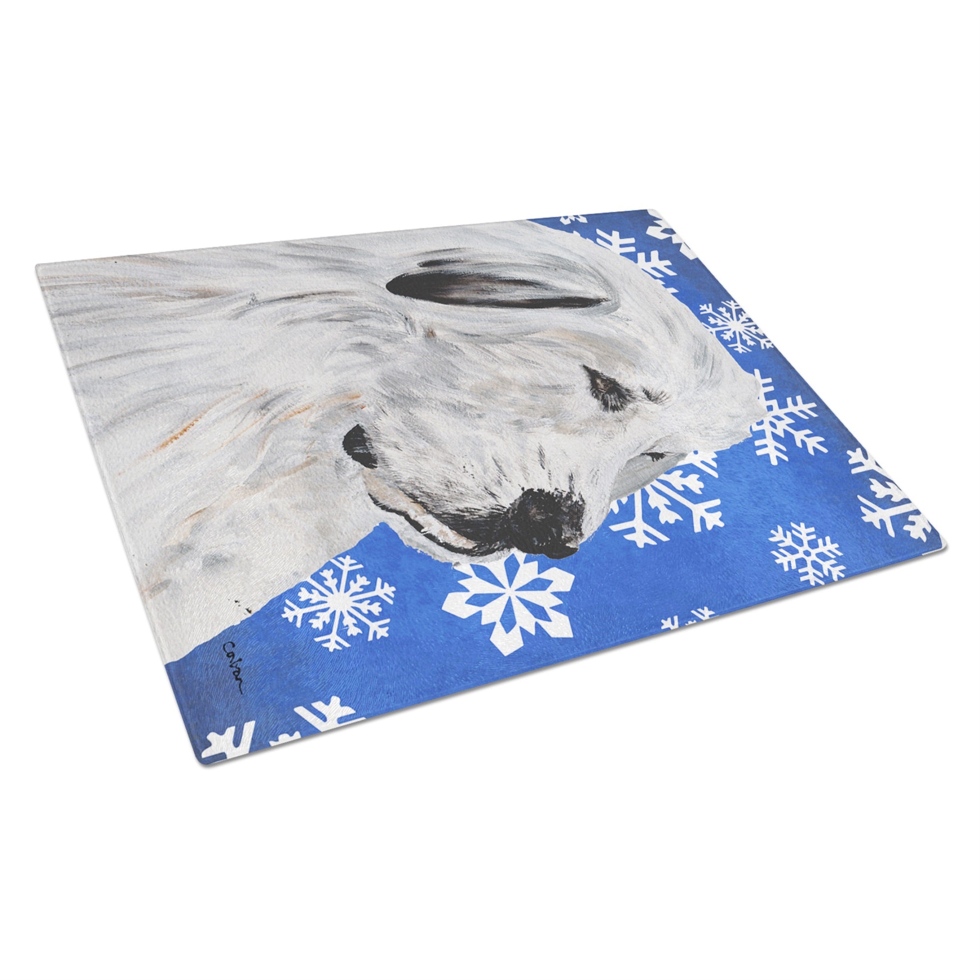 Great Pyrenees Winter Snowflakes Glass Cutting Board Large
