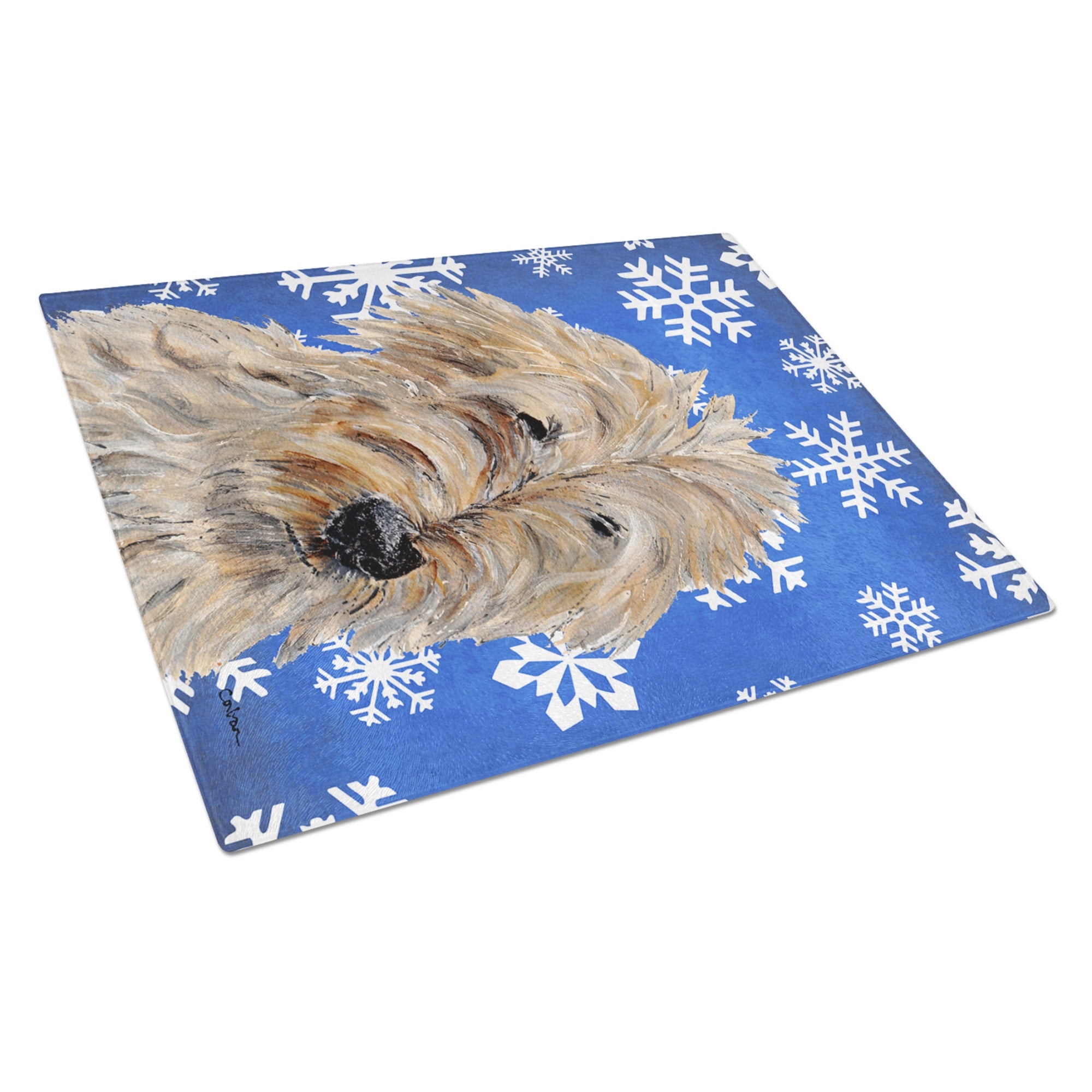 Golden Doodle 2 Winter Snowflakes Glass Cutting Board Large