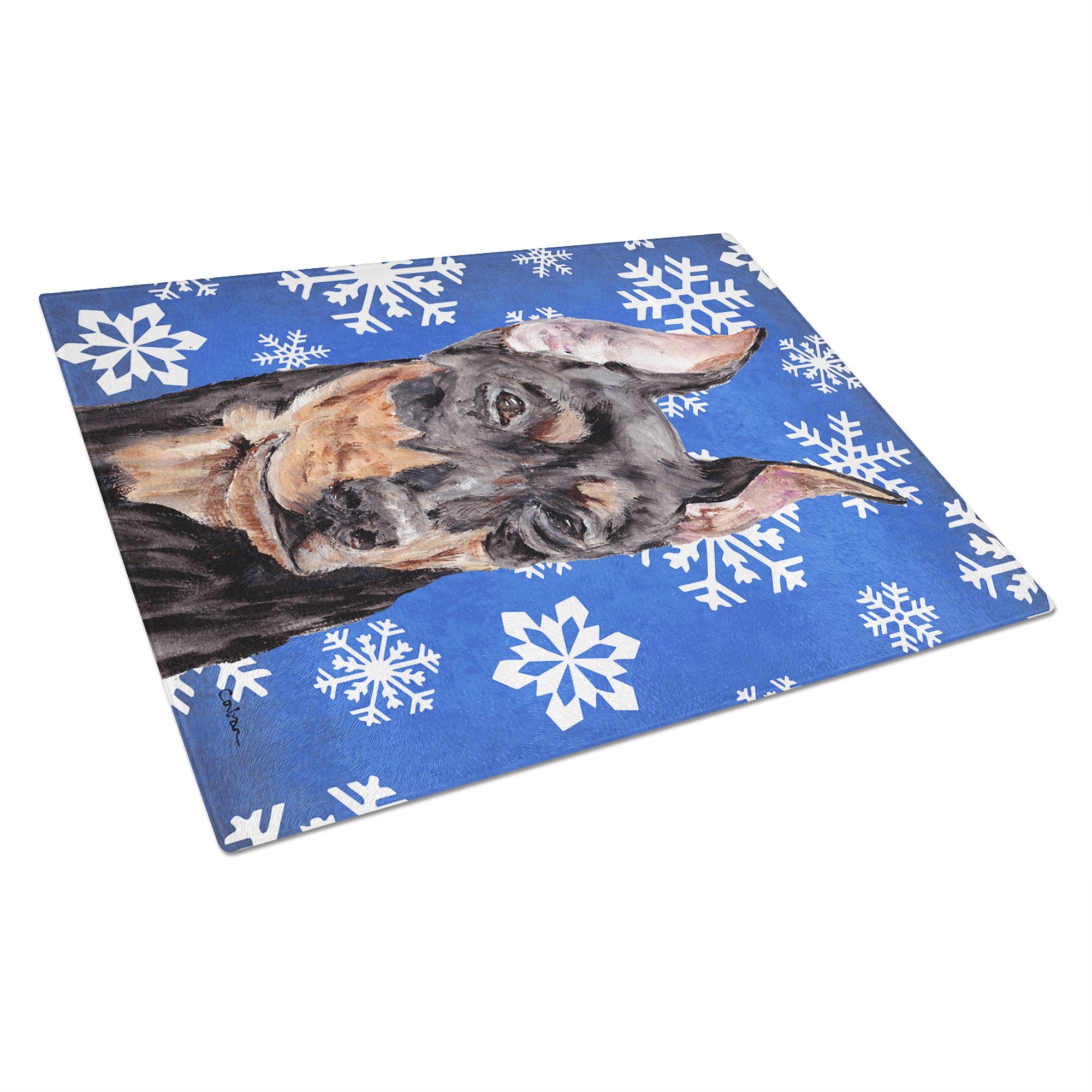 German Pinscher Winter Snowflakes Glass Cutting Board Large