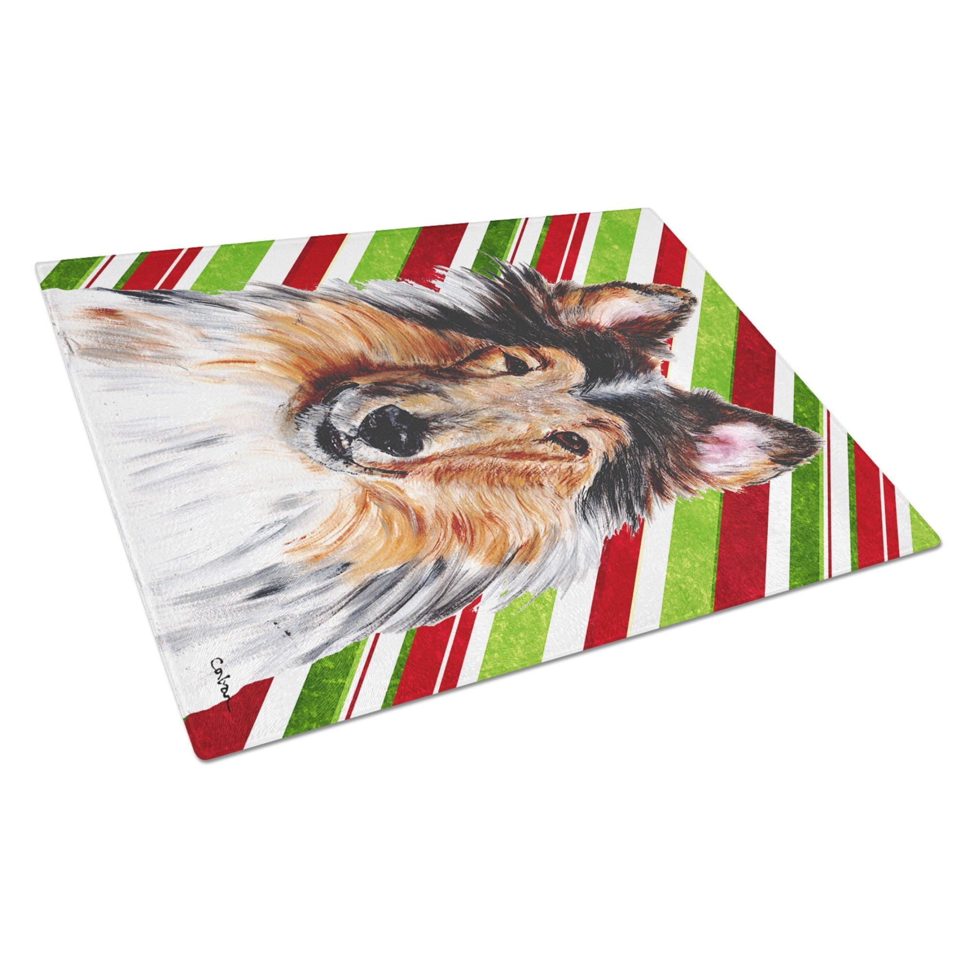 Collie Candy Cane Christmas Glass Cutting Board Large
