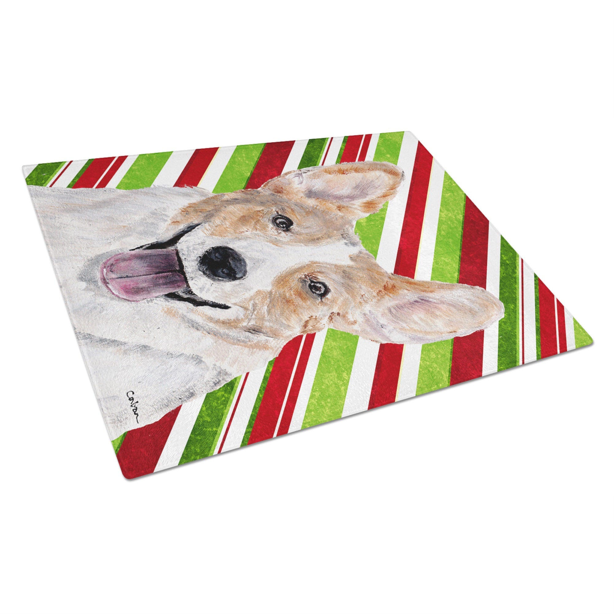 Cardigan Corgi Candy Cane Christmas Glass Cutting Board Large