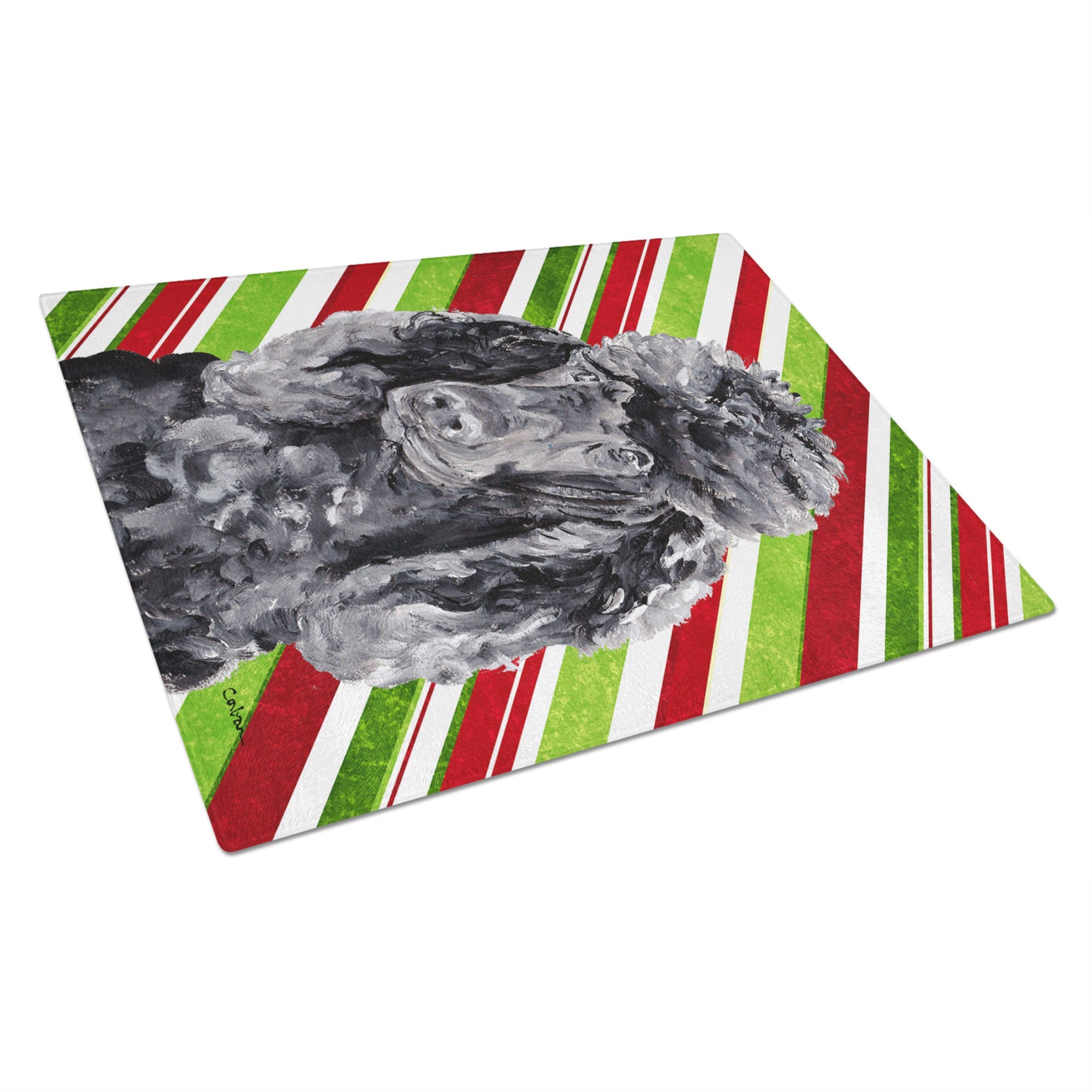 Black Standard Poodle Candy Cane Christmas Glass Cutting Board Large