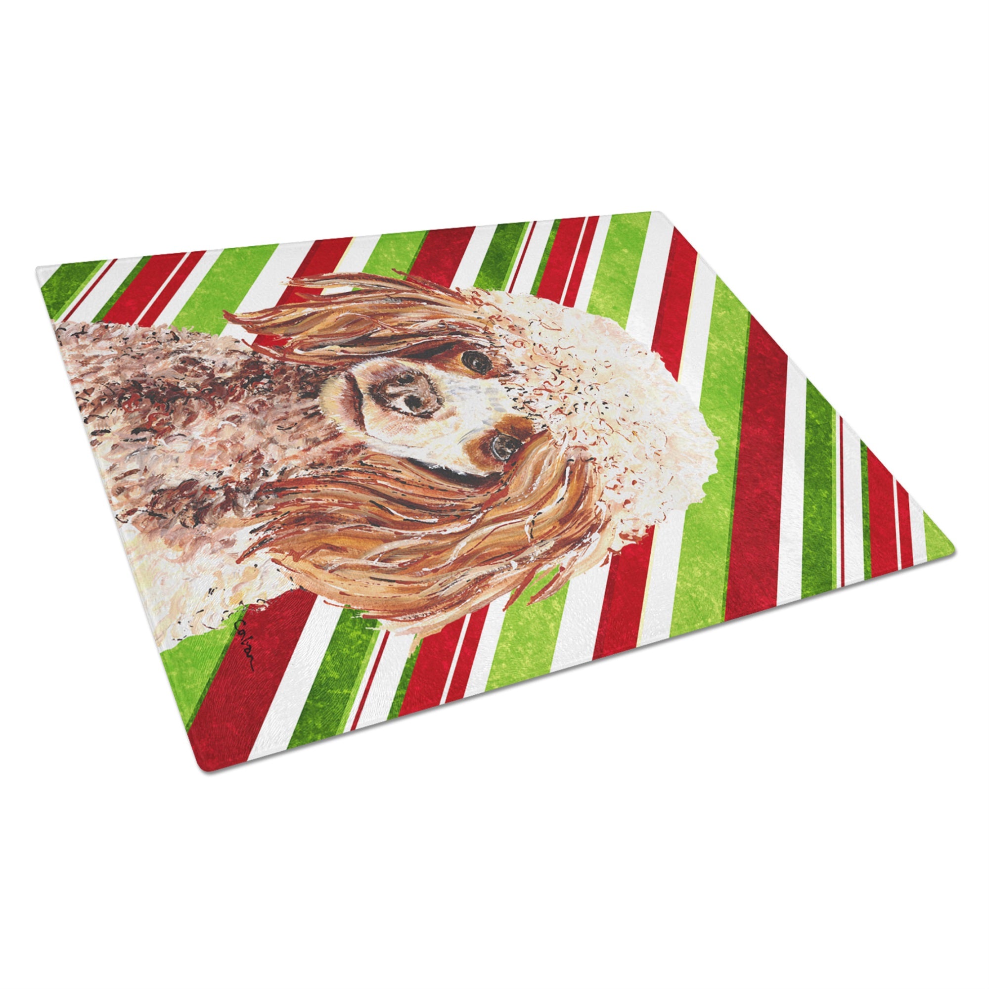 Red Miniature Poodle Candy Cane Christmas Glass Cutting Board Large