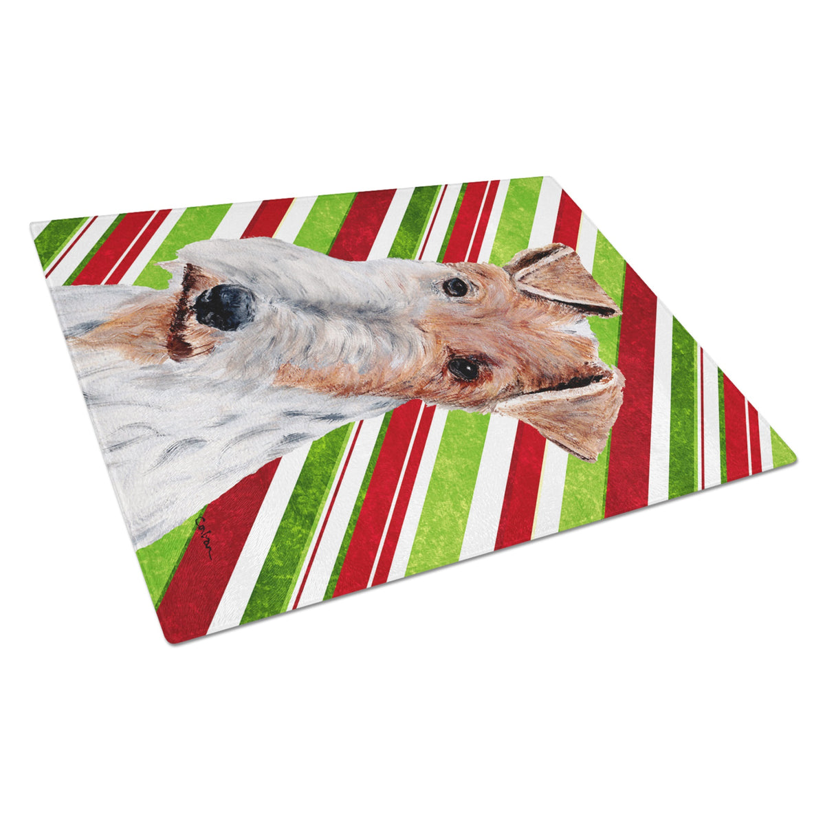 Wire Fox Terrier Candy Cane Christmas Glass Cutting Board Large