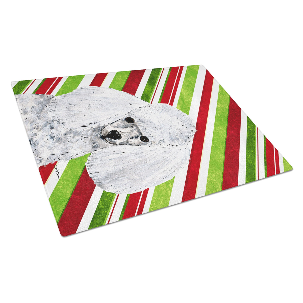 White Toy Poodle Candy Cane Christmas Glass Cutting Board Large