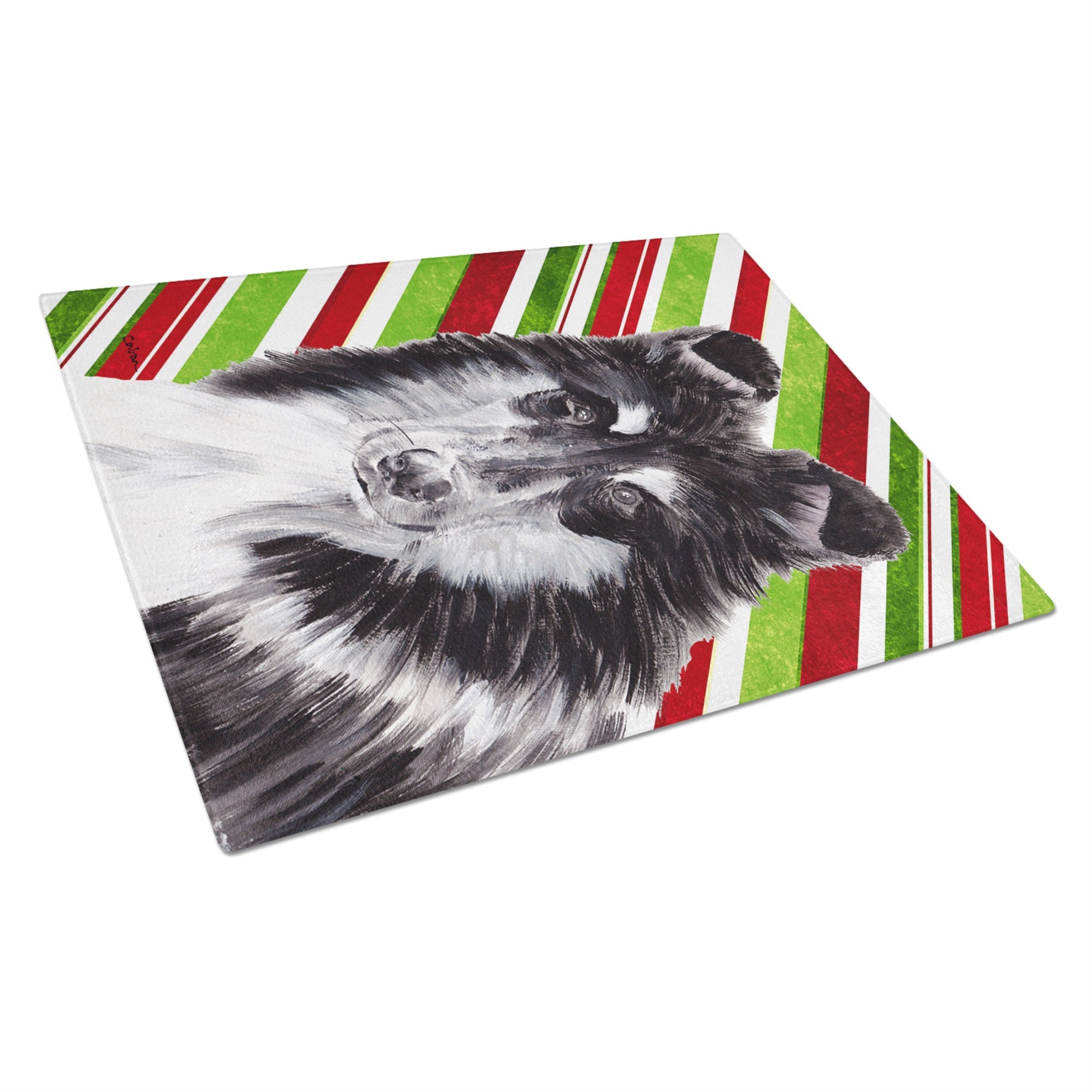 Black And White Collie Candy Cane Christmas Glass Cutting Board Large