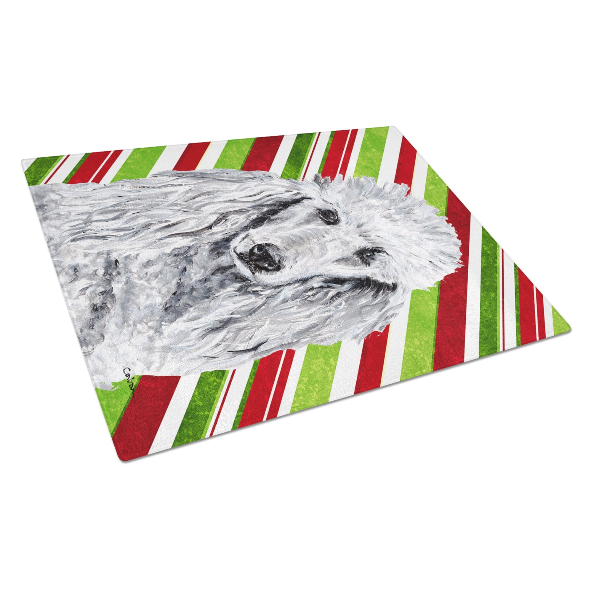White Standard Poodle Candy Cane Christmas Glass Cutting Board Large