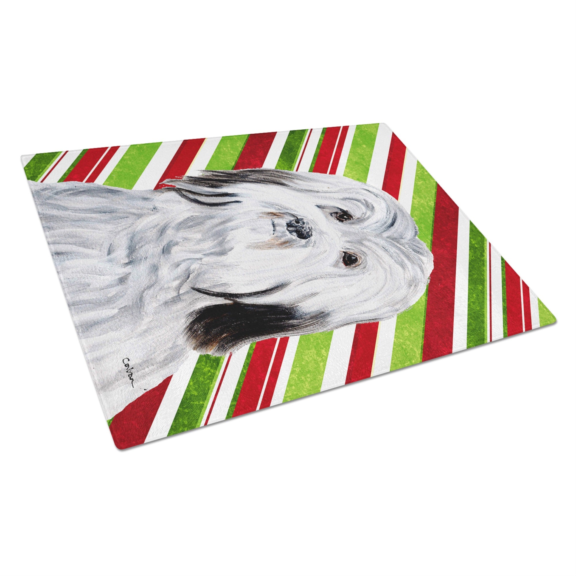 Havanese Candy Cane Christmas Glass Cutting Board Large