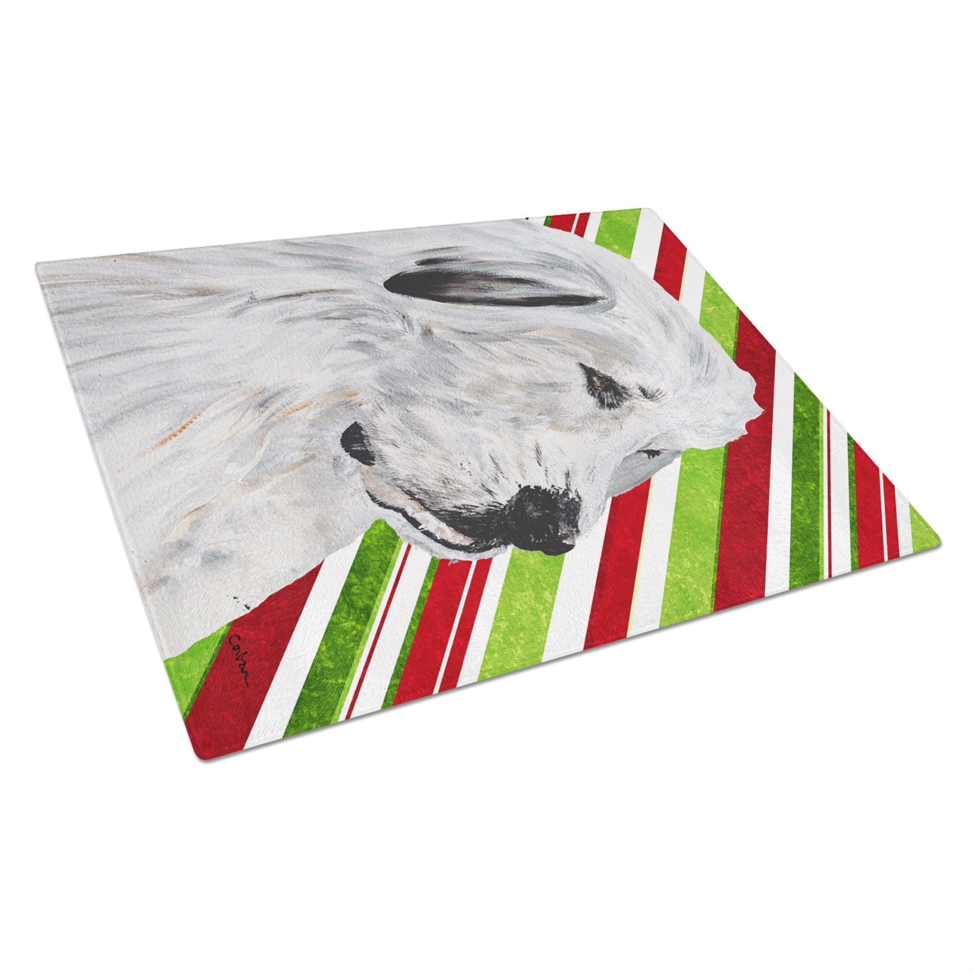 Great Pyrenees Candy Cane Christmas Glass Cutting Board Large