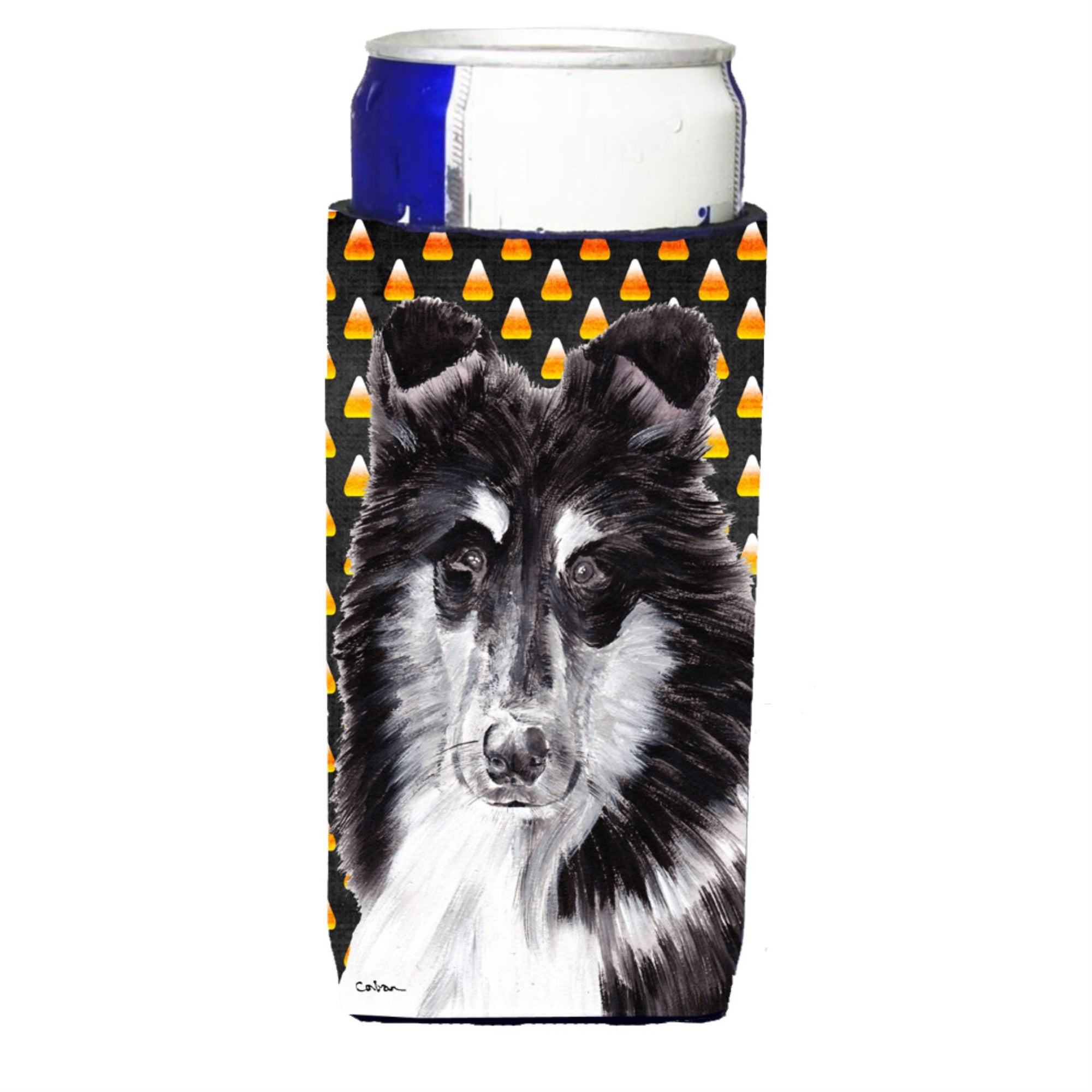 Black And White Collie Candy Corn Halloween Ultra Hugger For Slim Cans