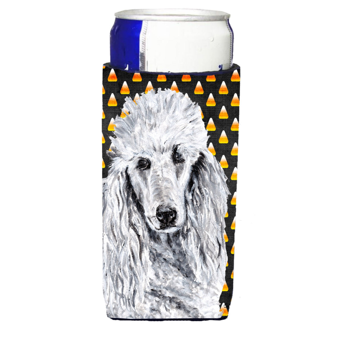 White Standard Poodle Candy Corn Halloween Ultra Hugger For Slim Cans