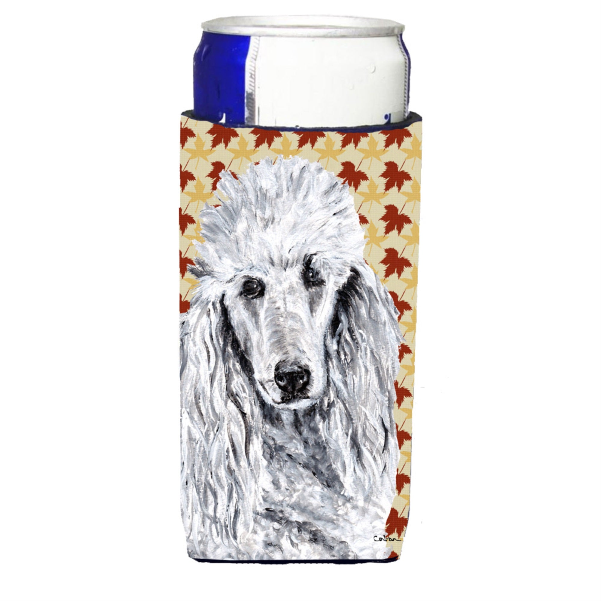 White Standard Poodle Fall Leaves Ultra Hugger For Slim Cans