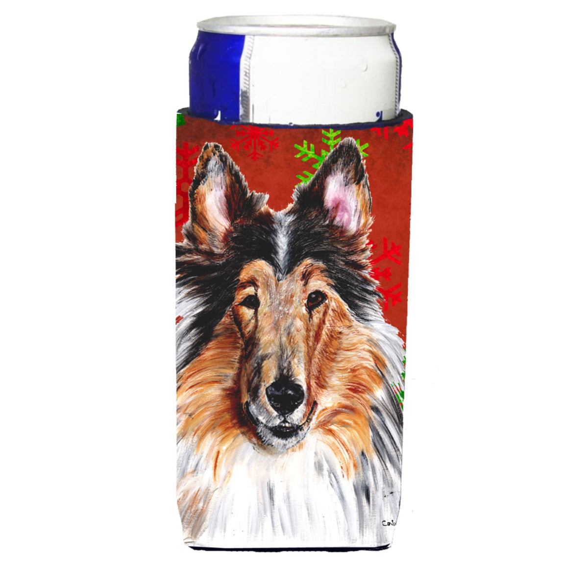 Collie Red Snowflakes Holiday Ultra Hugger For Slim Cans
