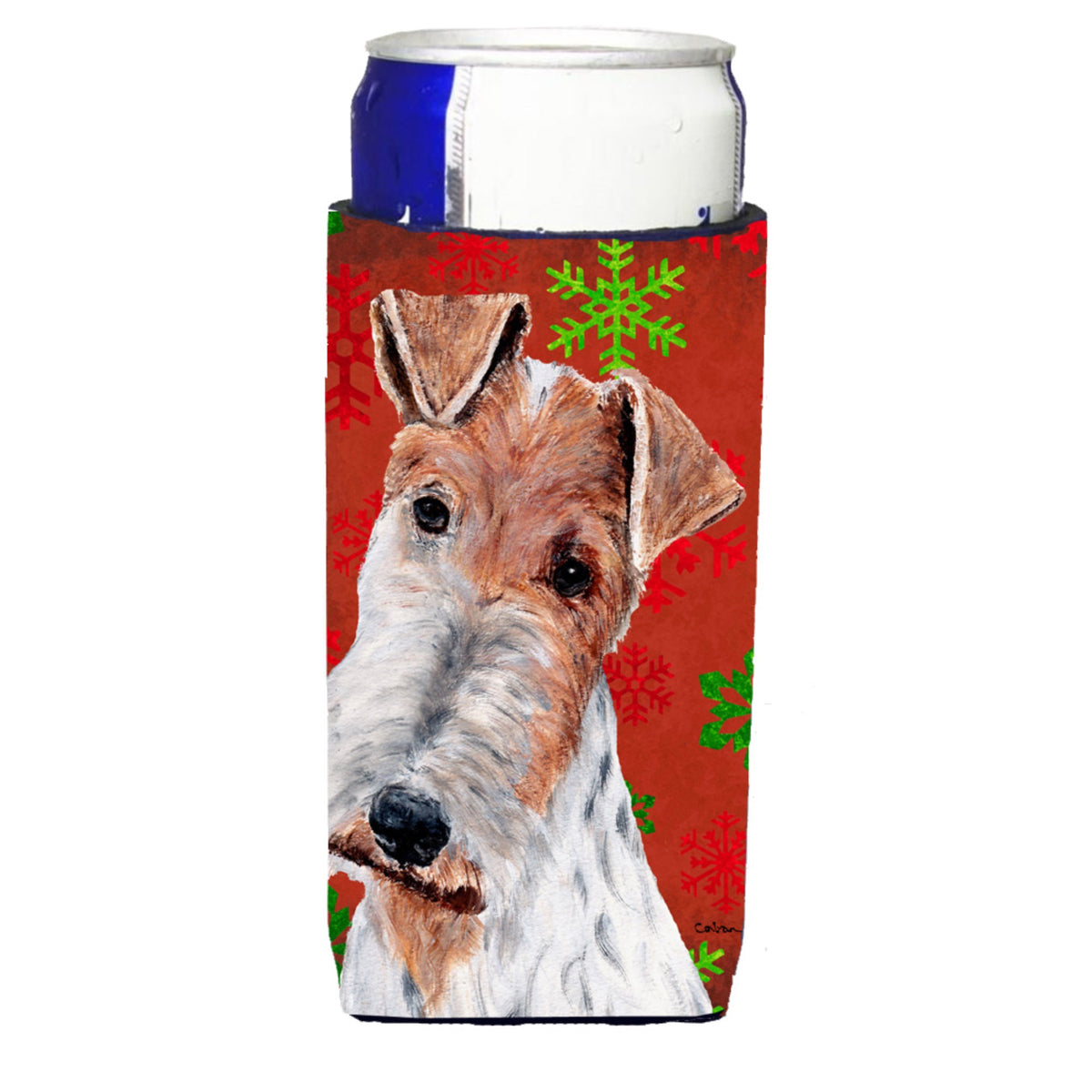 Wire Fox Terrier Red Snowflakes Holiday Ultra Hugger For Slim Cans
