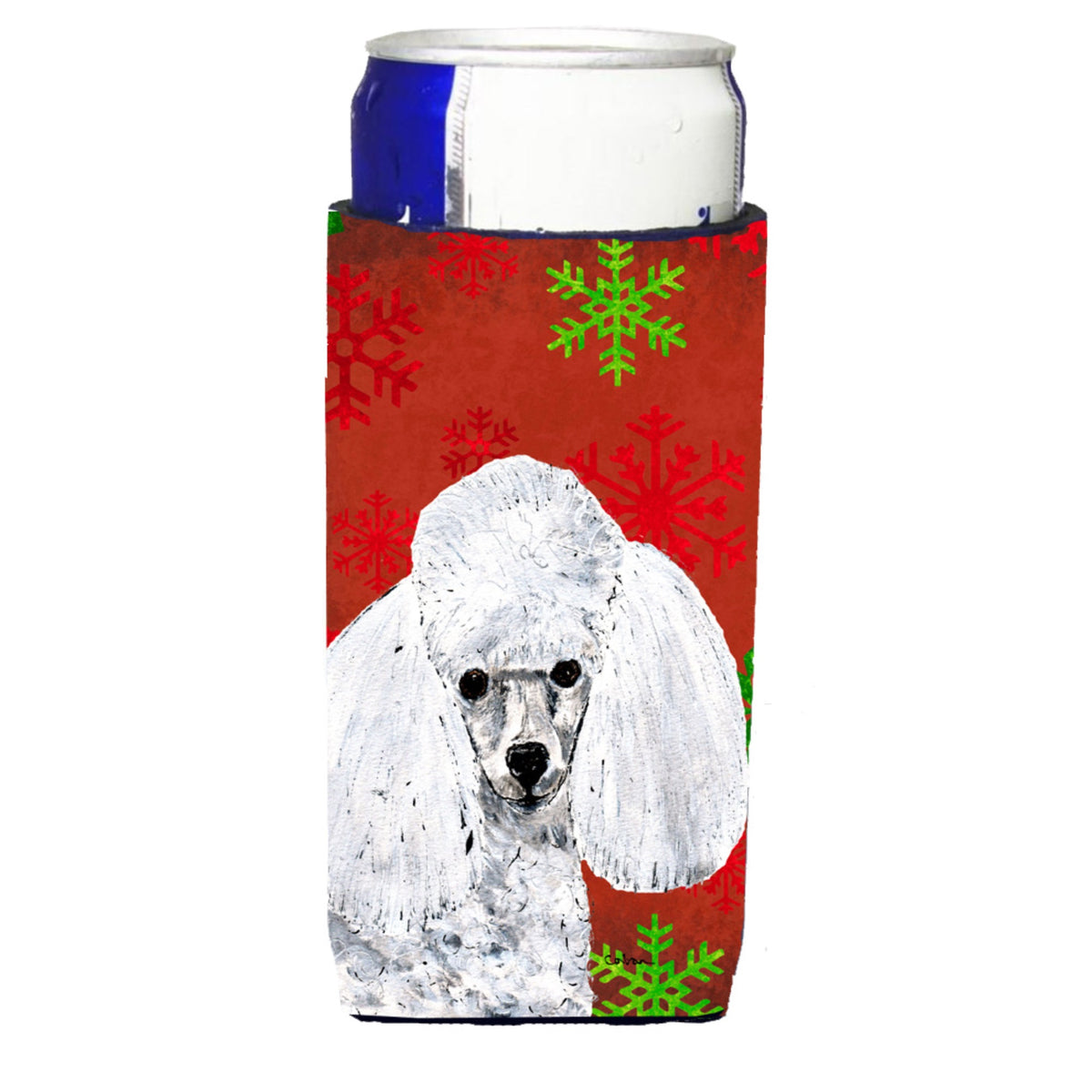 White Toy Poodle Red Snowflakes Holiday Ultra Hugger For Slim Cans