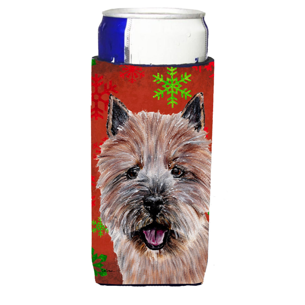 Norwich Terrier Red Snowflakes Holiday Ultra Hugger For Slim Cans