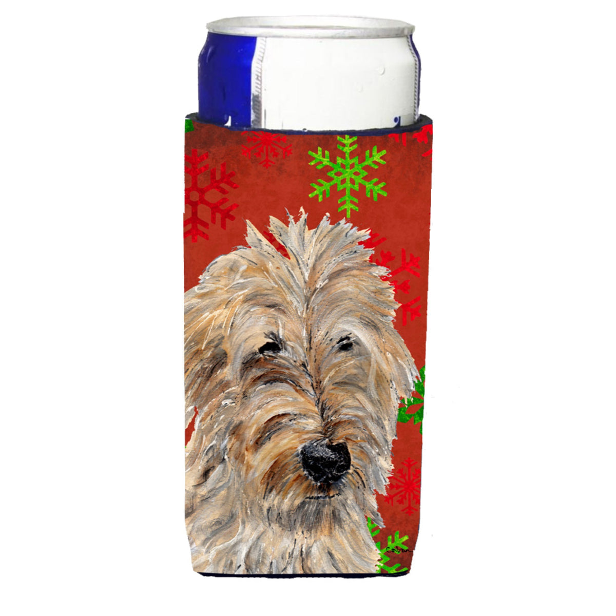 Golden Doodle 2 Red Snowflakes Holiday Ultra Hugger For Slim Cans