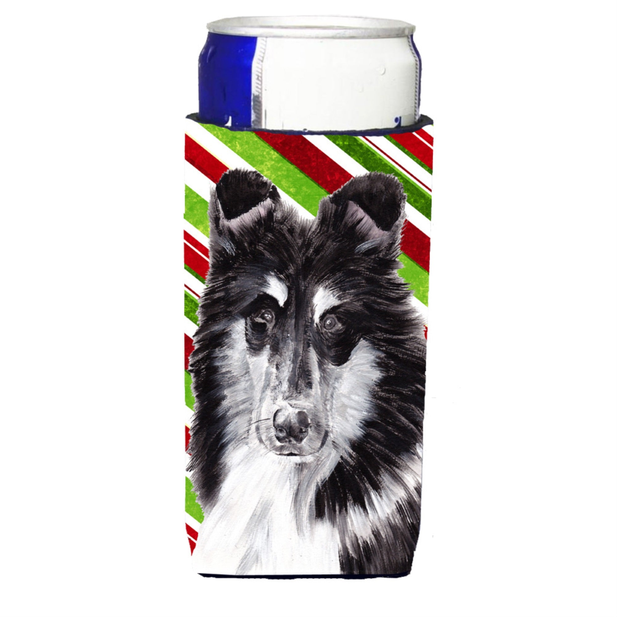 Black And White Collie Candy Cane Christmas Ultra Hugger For Slim Cans