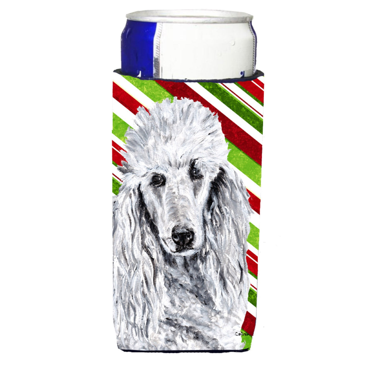 White Standard Poodle Candy Cane Christmas Ultra Hugger For Slim Cans