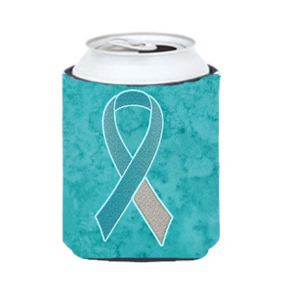 Teal And White Ribbon For Cervical Cancer Awareness Can Or Bottle Hugger