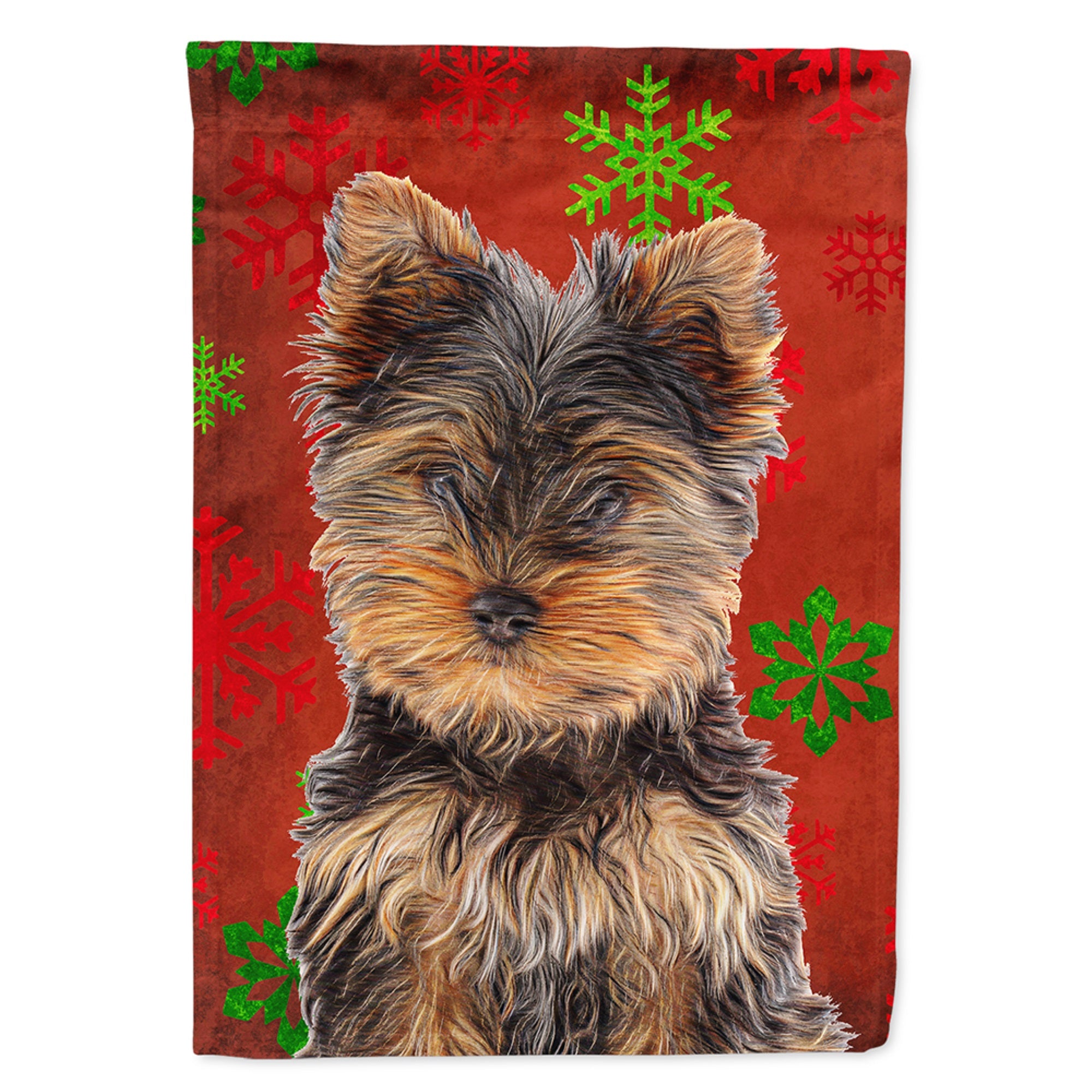 Red Snowflakes Holiday Christmas Yorkie Puppy / Yorkshire Terrier Flag Garden Size