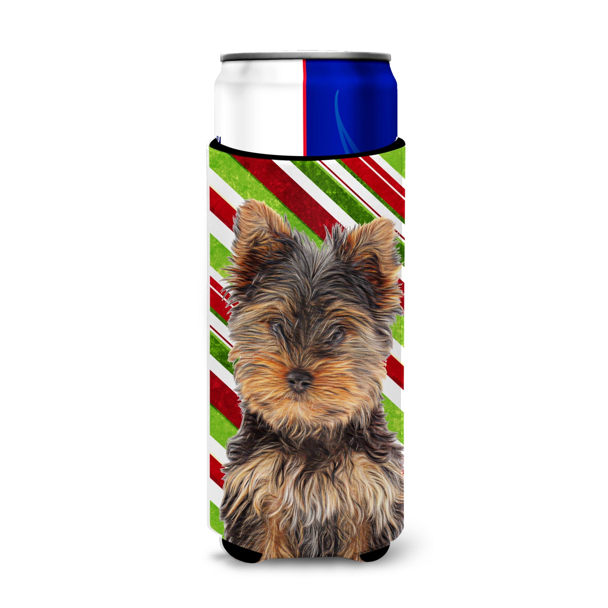 Candy Cane Holiday Christmas Yorkie Puppy / Yorkshire Terrier Ultra Hugger For Slim Cans