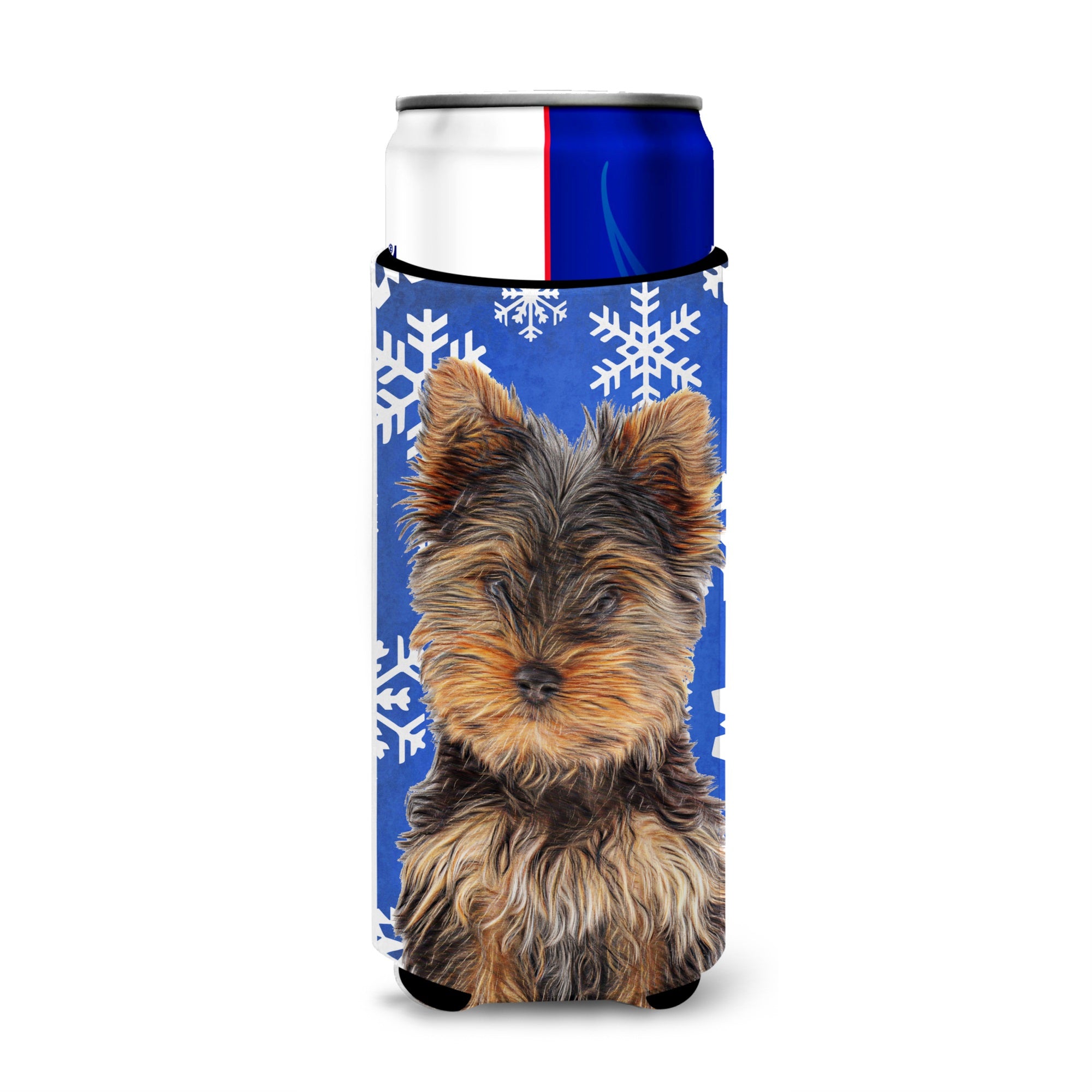 Winter Snowflakes Holiday Yorkie Puppy / Yorkshire Terrier Ultra Hugger For Slim Cans