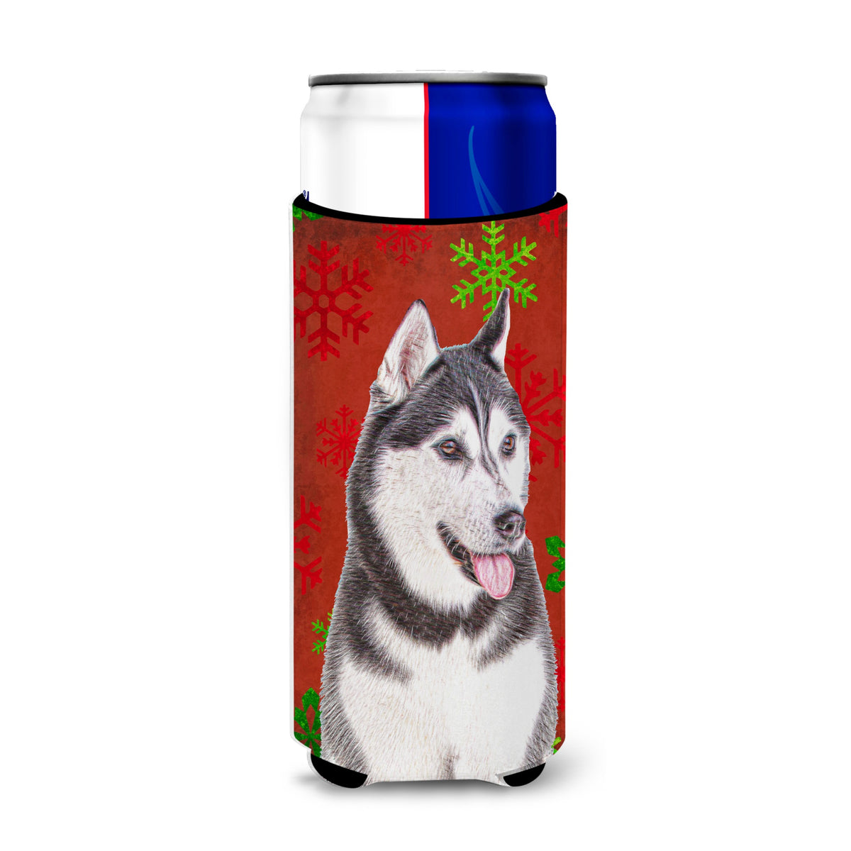 Red Snowflakes Holiday Christmas  Alaskan Malamute Ultra Hugger For Slim Cans