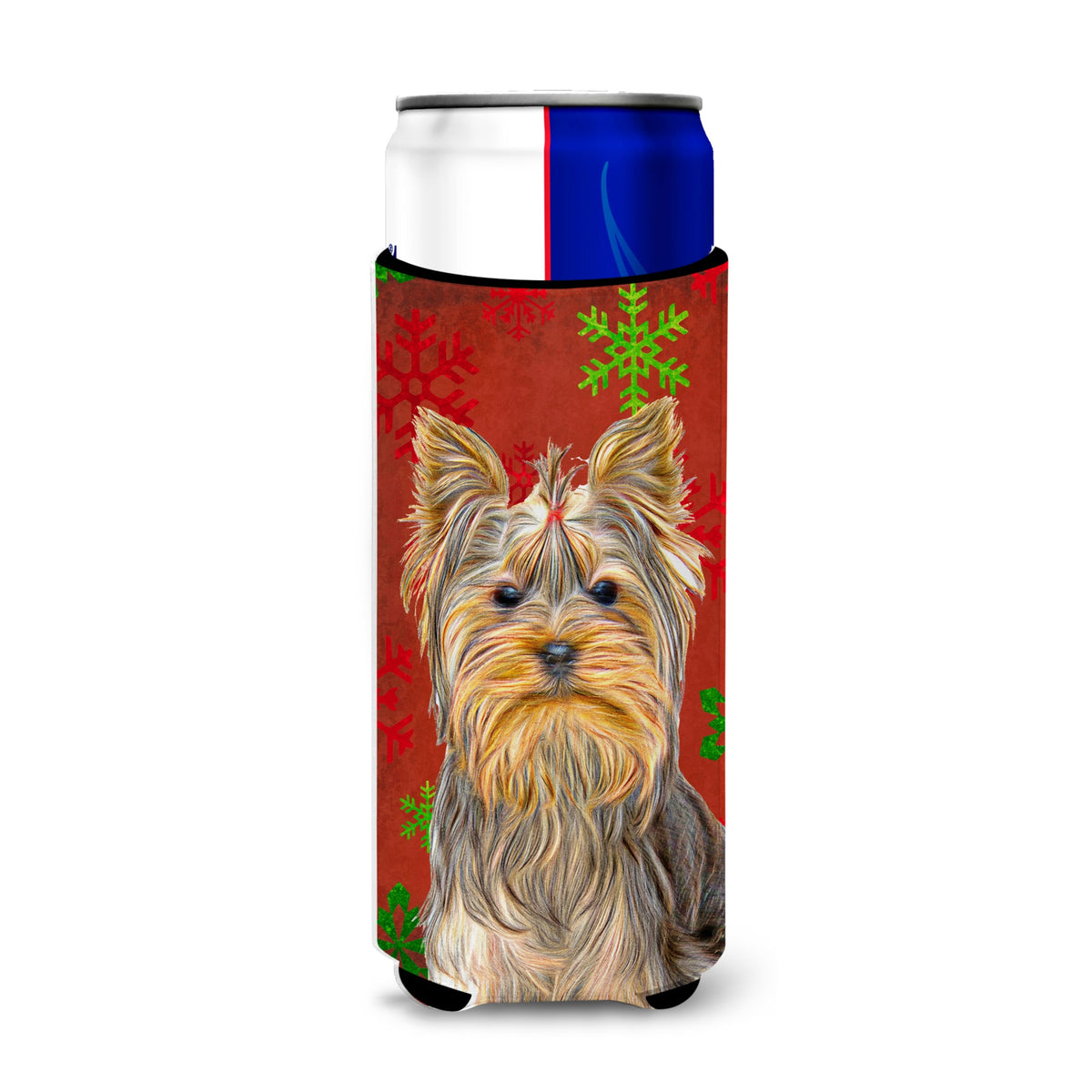 Red Snowflakes Holiday Christmas  Yorkie / Yorkshire Terrier Ultra Hugger For Slim Cans