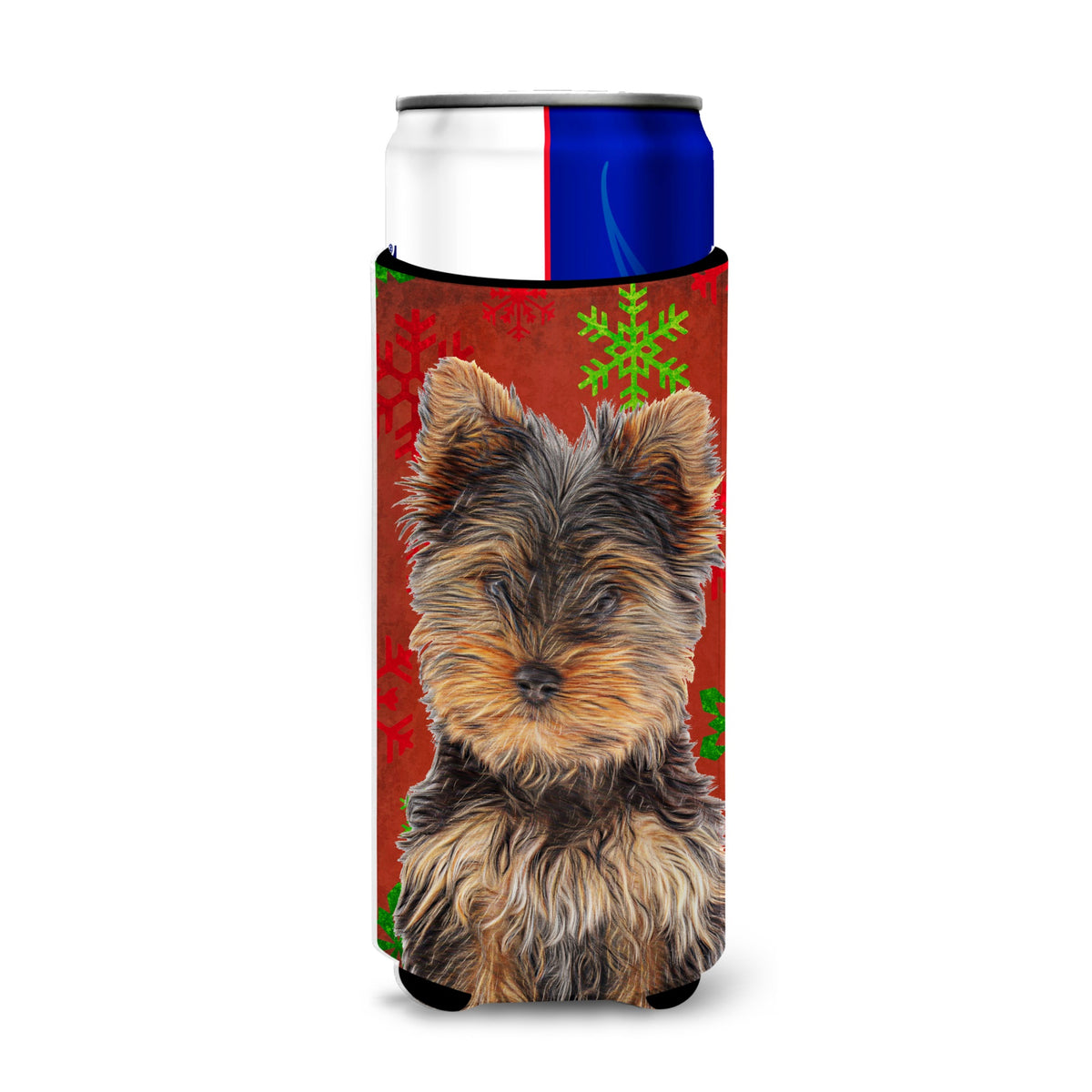 Red Snowflakes Holiday Christmas Yorkie Puppy / Yorkshire Terrier Ultra Hugger For Slim Cans