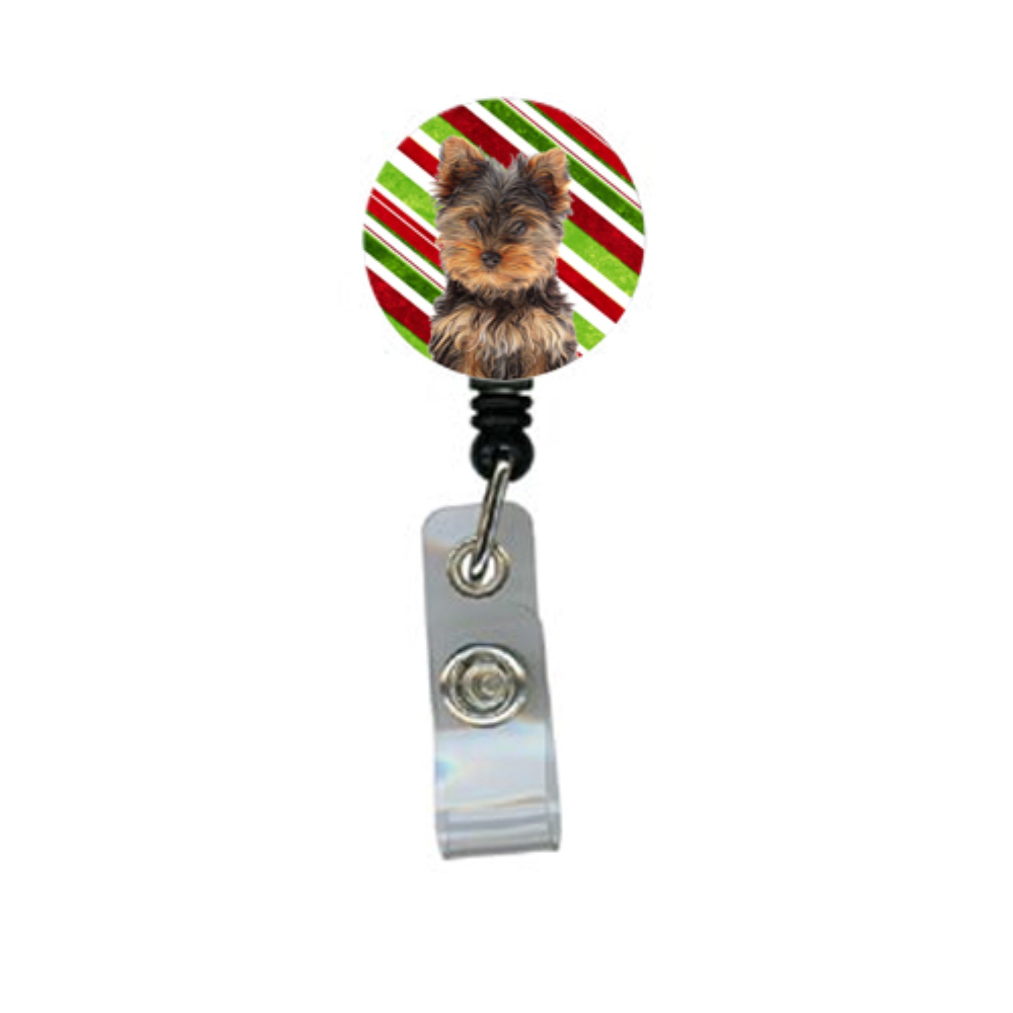 Candy Cane Holiday Christmas Yorkie Puppy / Yorkshire Terrier Retractable Badge Reel