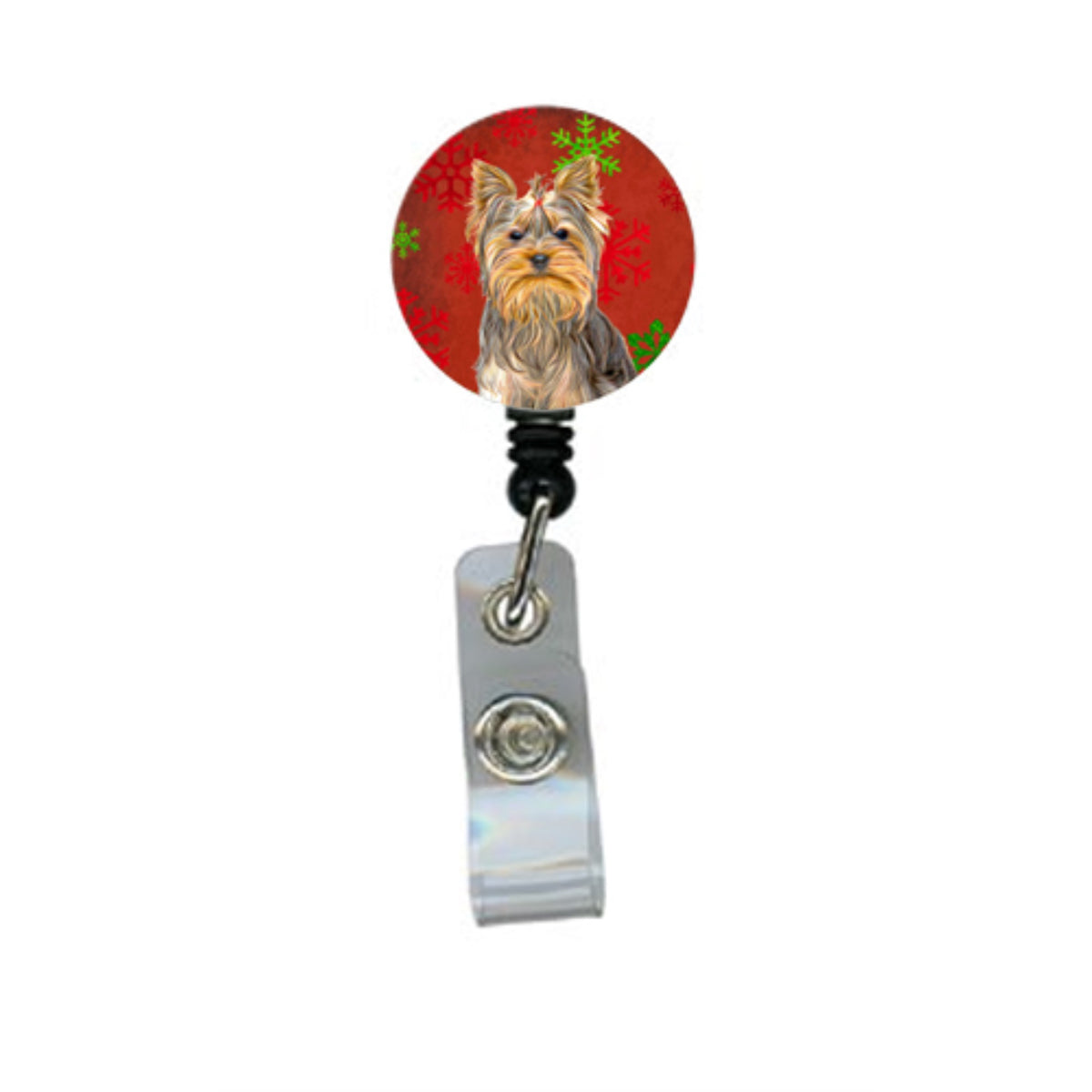 Red Snowflakes Holiday Christmas  Yorkie / Yorkshire Terrier Retractable Badge Reel