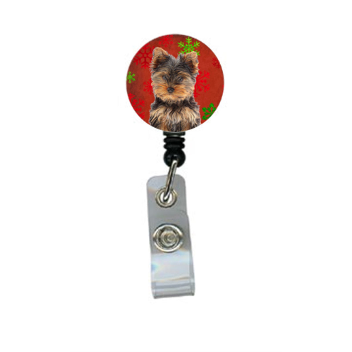 Red Snowflakes Holiday Christmas Yorkie Puppy / Yorkshire Terrier Retractable Badge Reel