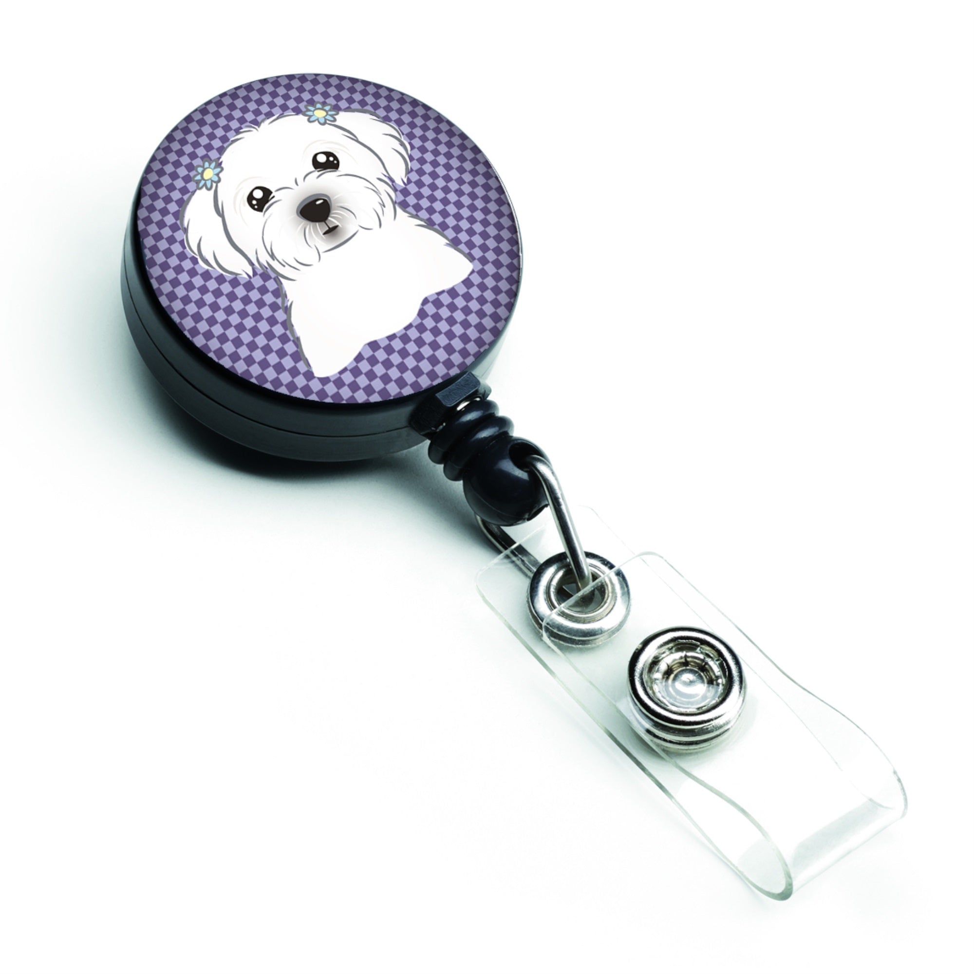 Purple Checkered Maltese Retractable Badge Reel