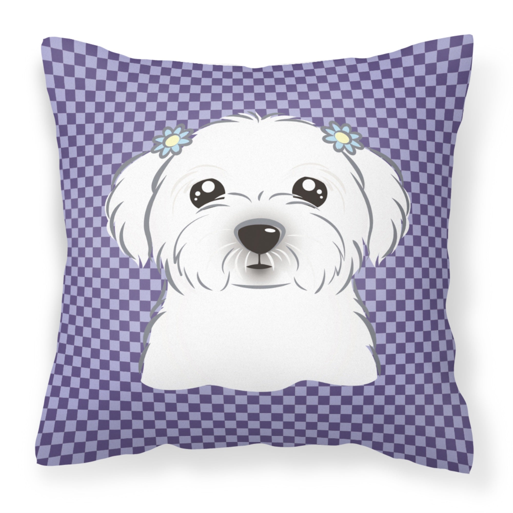 Purple Checkered Maltese Fabric Decorative Pillow