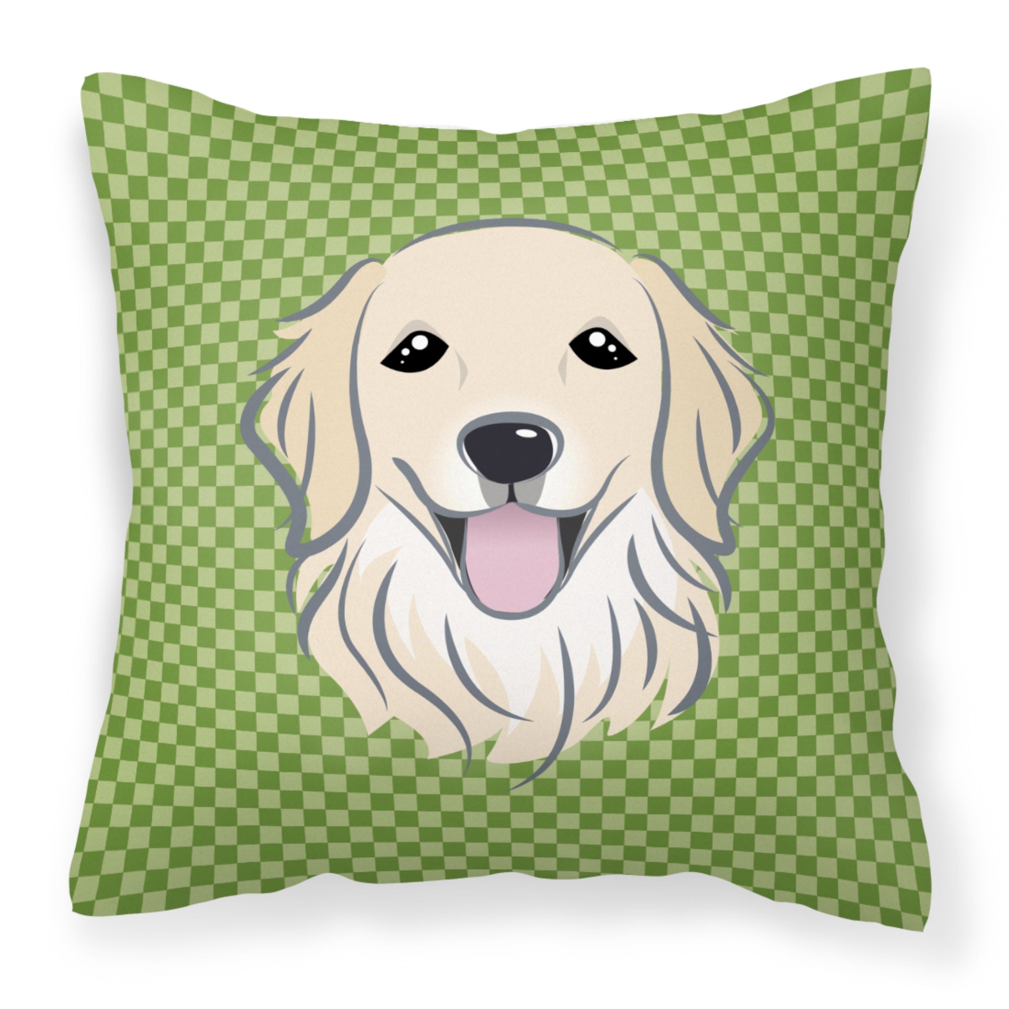 Green Checkered Golden Retriever Fabric Decorative Pillow