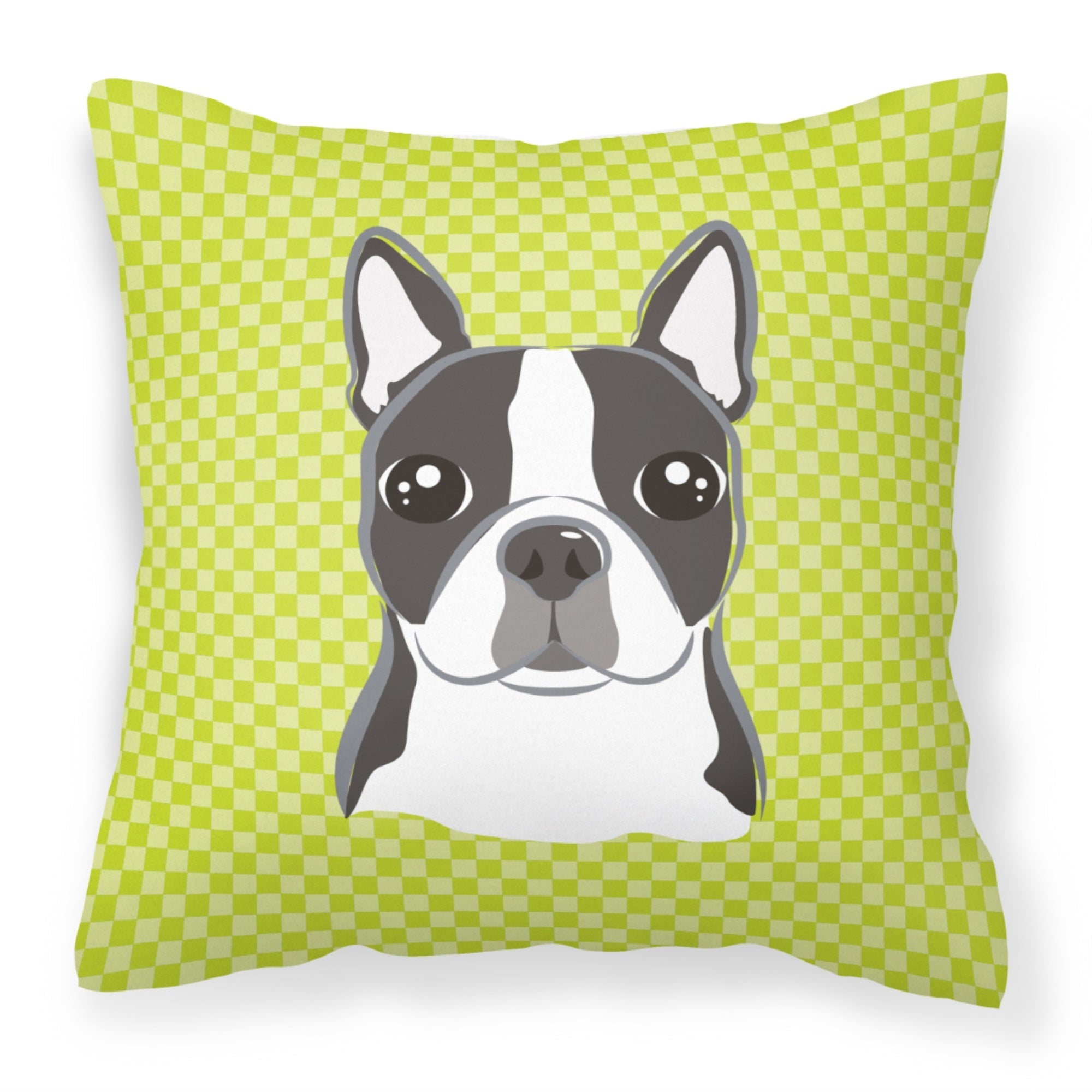 Lime Checkered Boston Terrier Fabric Decorative Pillow