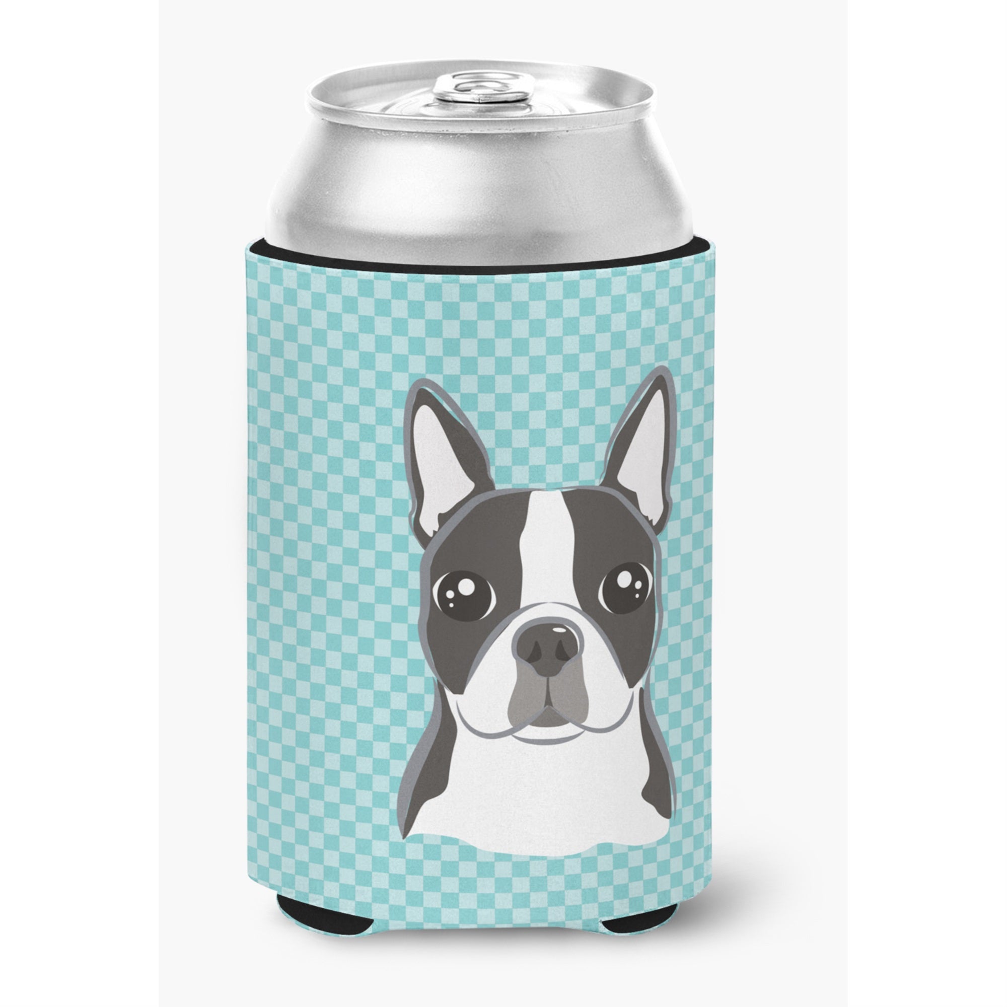 Checkerboard Blue Boston Terrier Can Or Bottle Hugger
