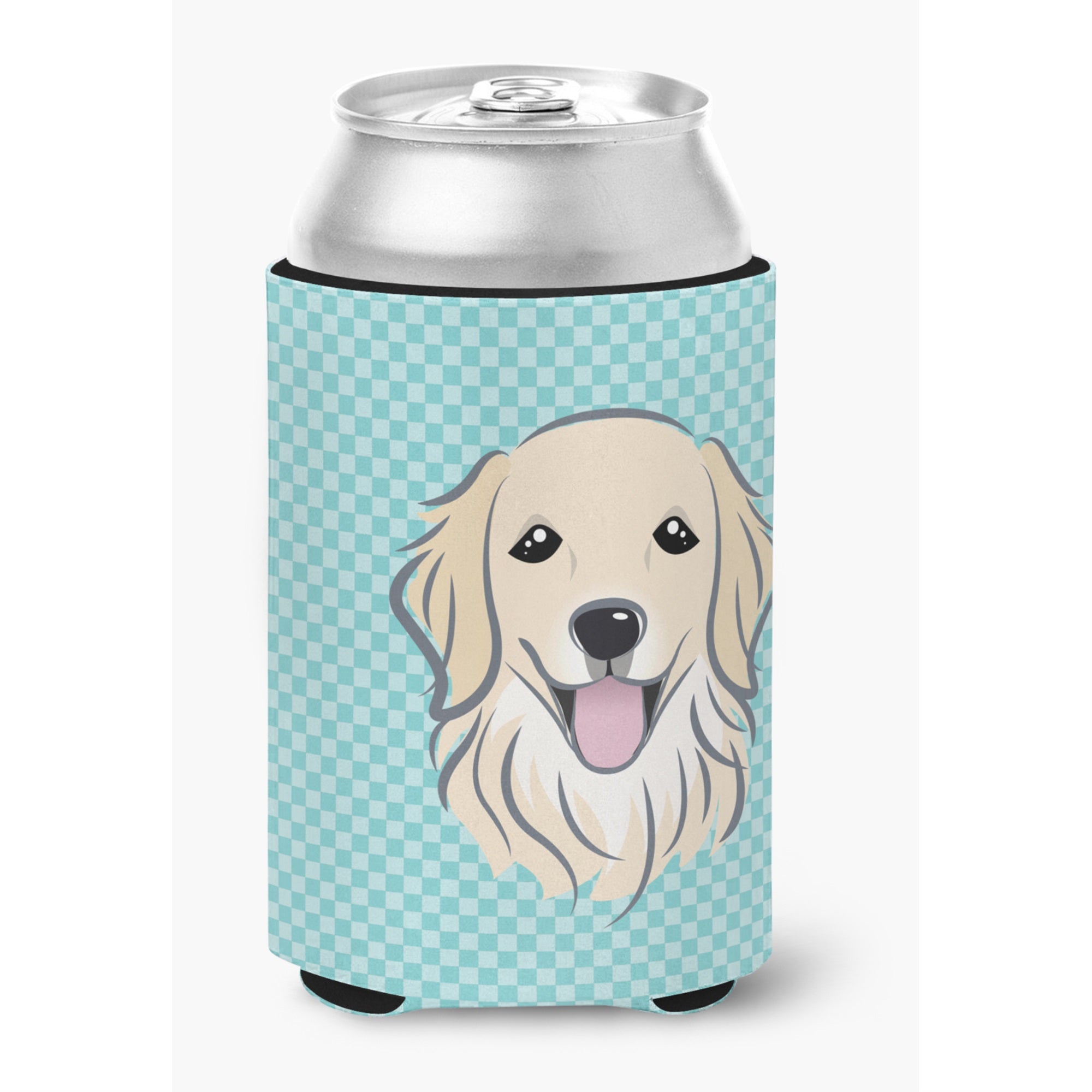 Checkerboard Blue Golden Retriever Can Or Bottle Hugger