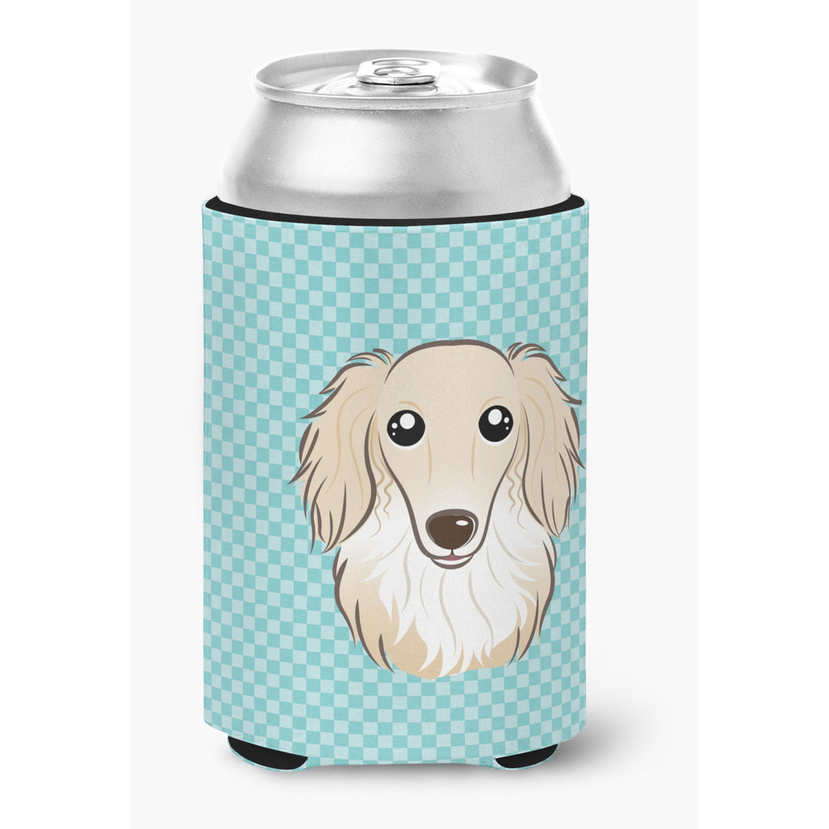 Checkerboard Blue Longhair Creme Dachshund Can Or Bottle Hugger