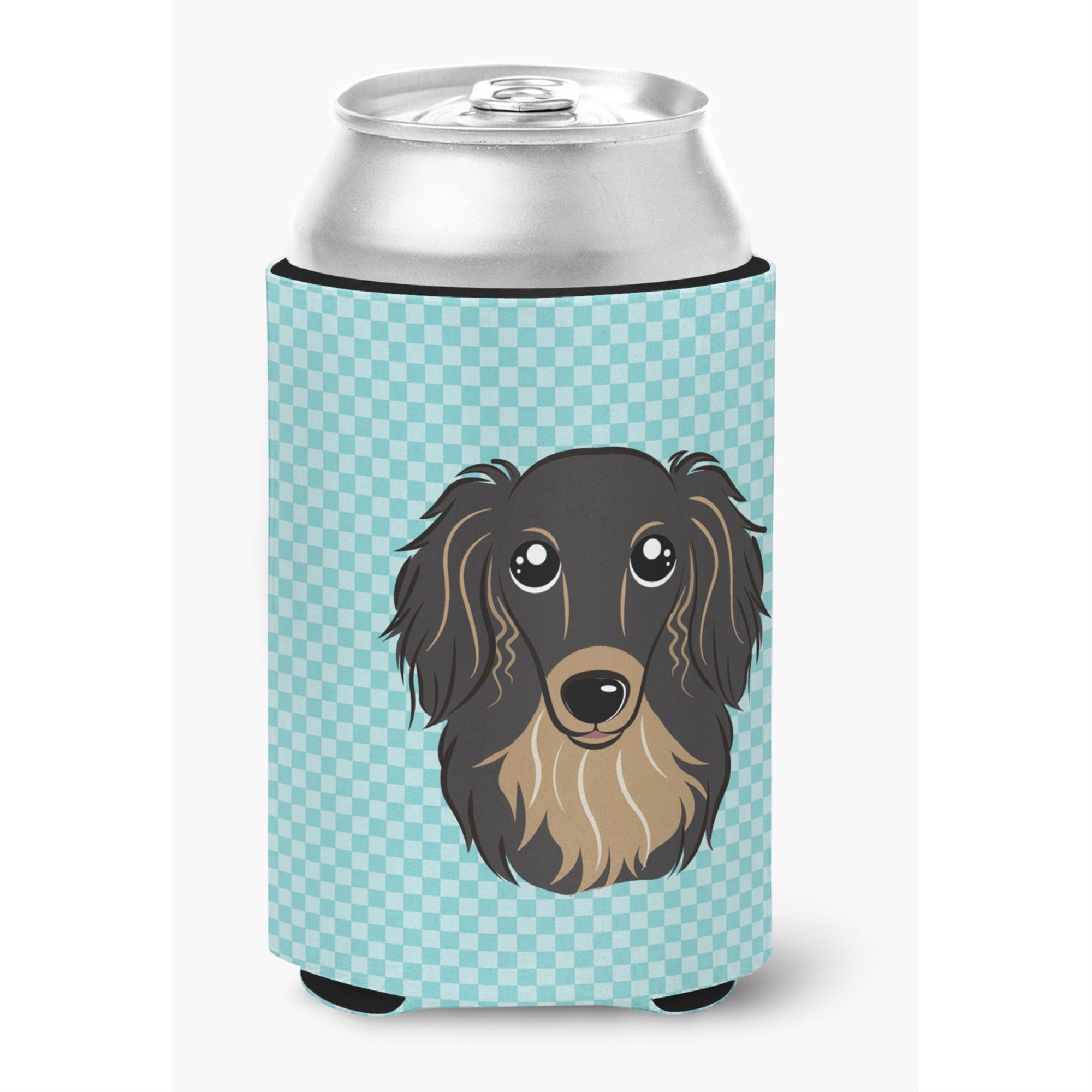 Checkerboard Blue Longhair Black And Tan Dachshund Can Or Bottle Hugger