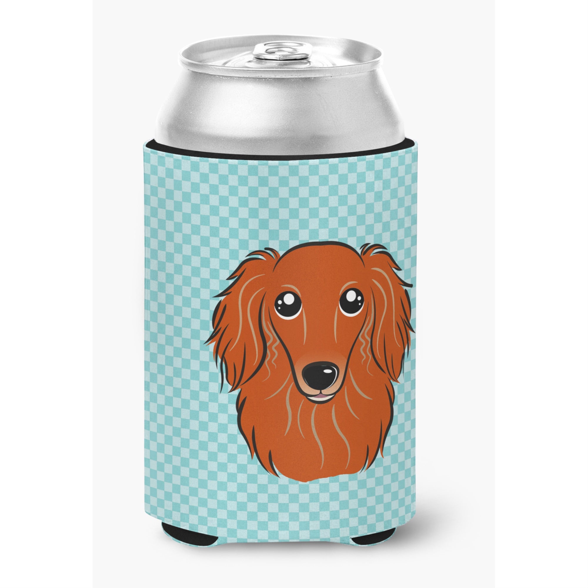 Checkerboard Blue Longhair Red Dachshund Can Or Bottle Hugger