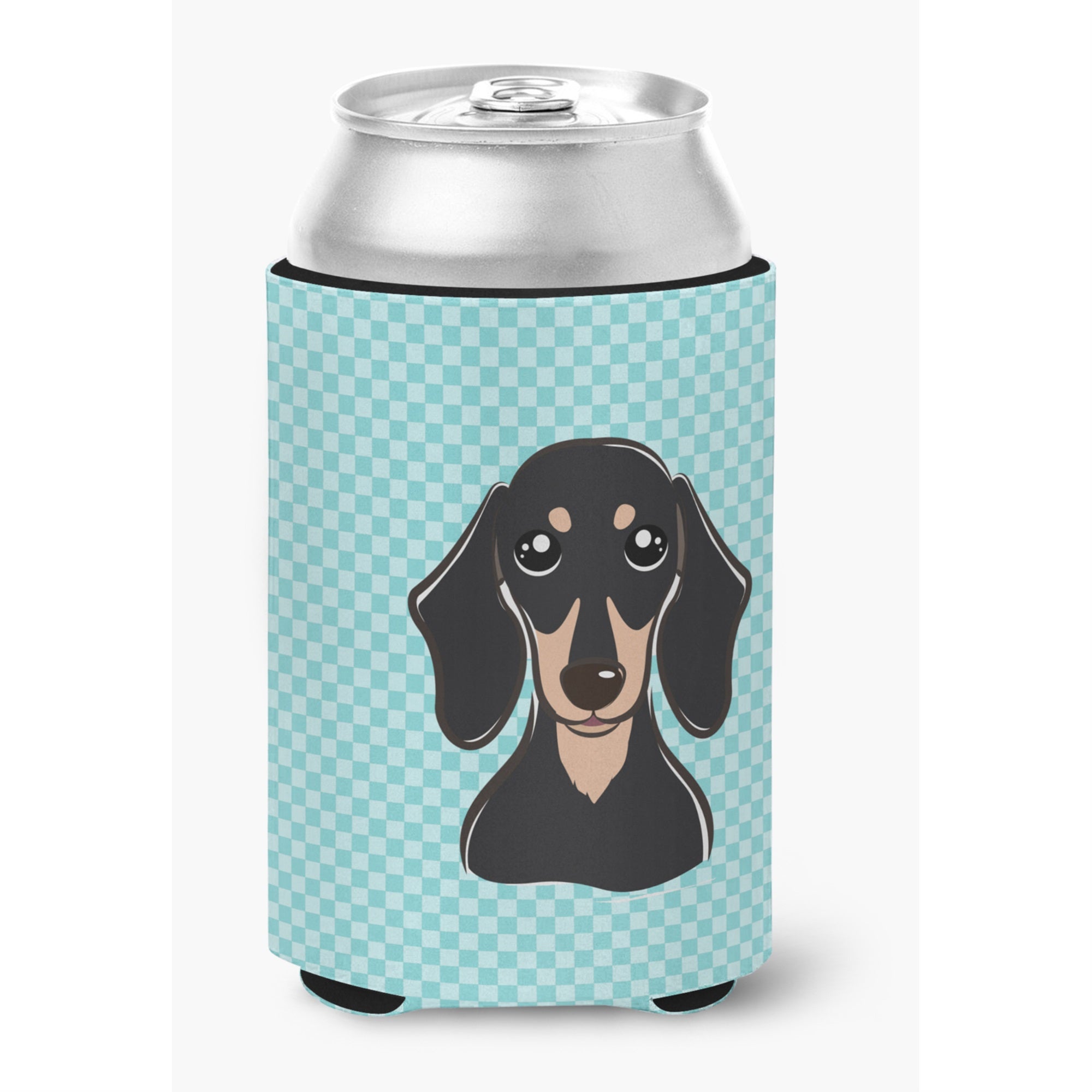 Checkerboard Blue Smooth Black And Tan Dachshund Can Or Bottle Hugger