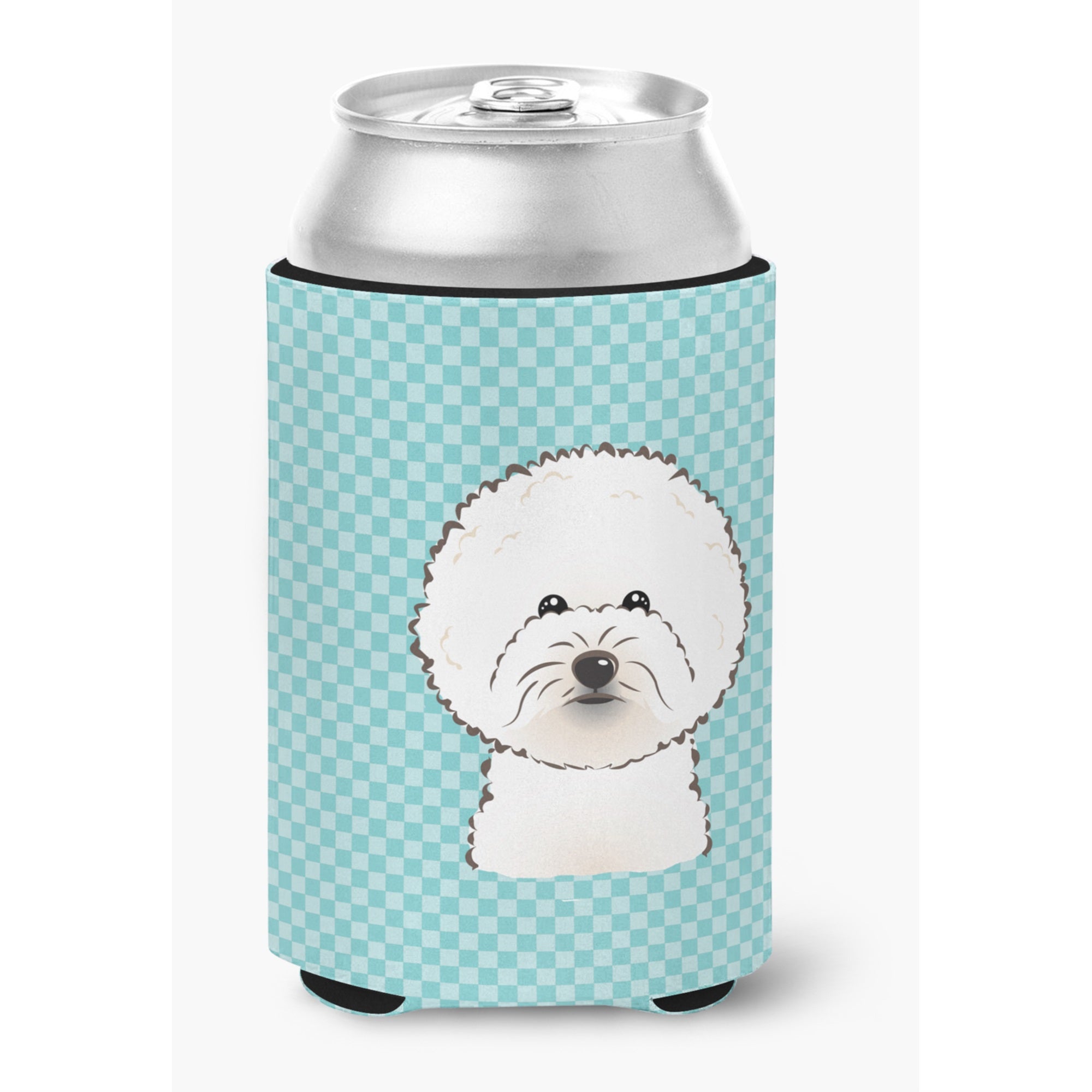 Checkerboard Blue Bichon Frise Can Or Bottle Hugger