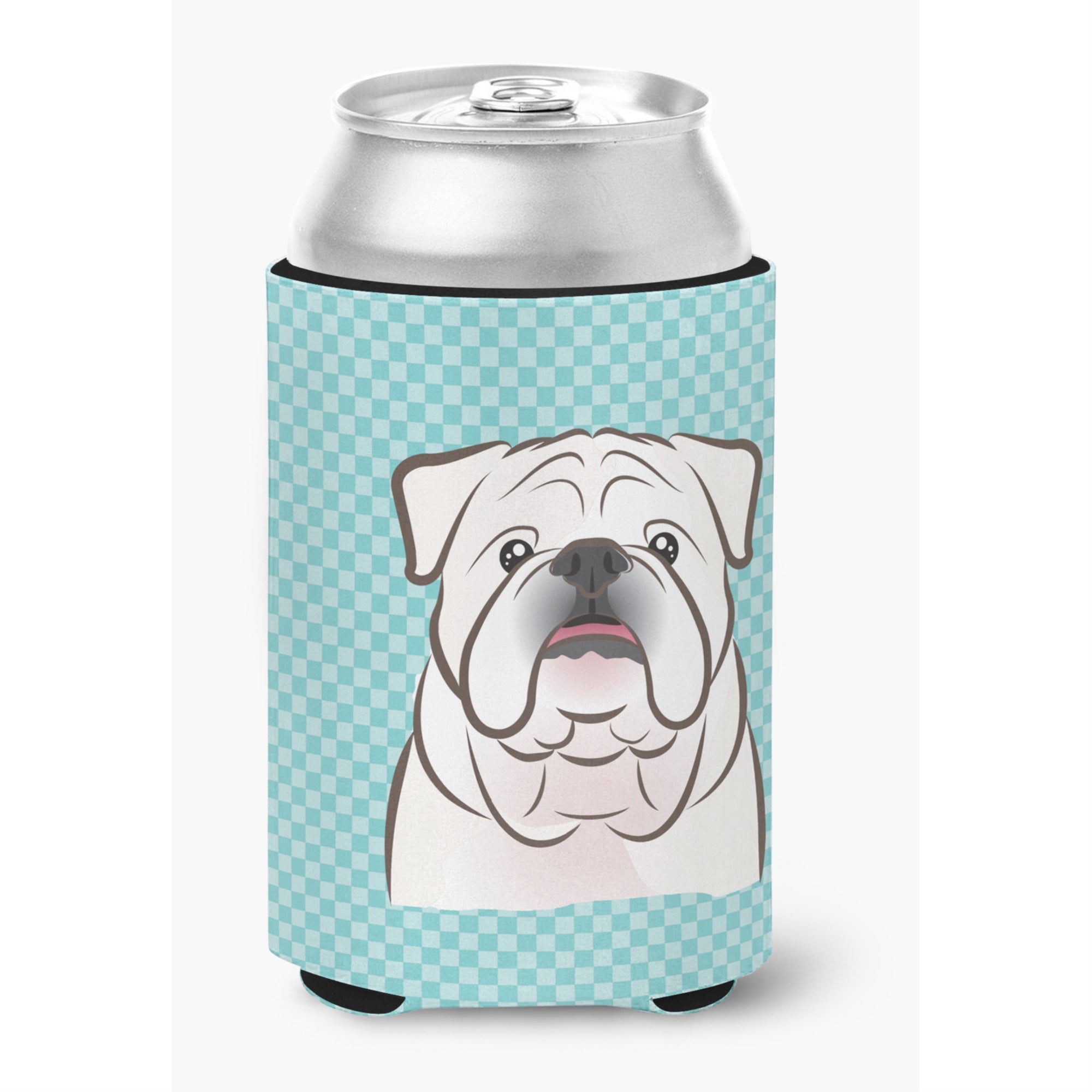 Checkerboard Blue White English Bulldog  Can Or Bottle Hugger